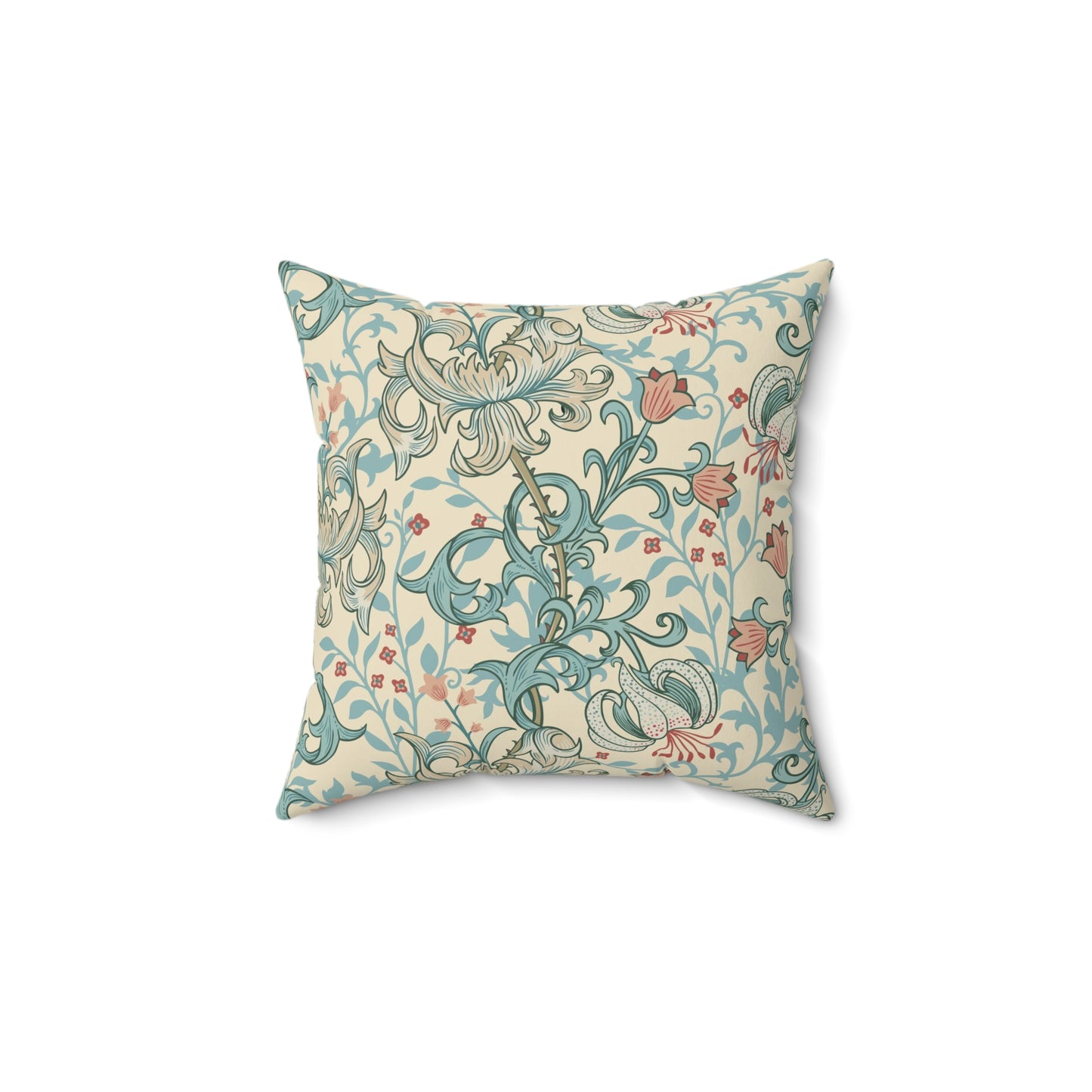 A square-shaped cushion with a floral William Morris & Co pattern featuring lilies, predominantly in shades of mineral and white.