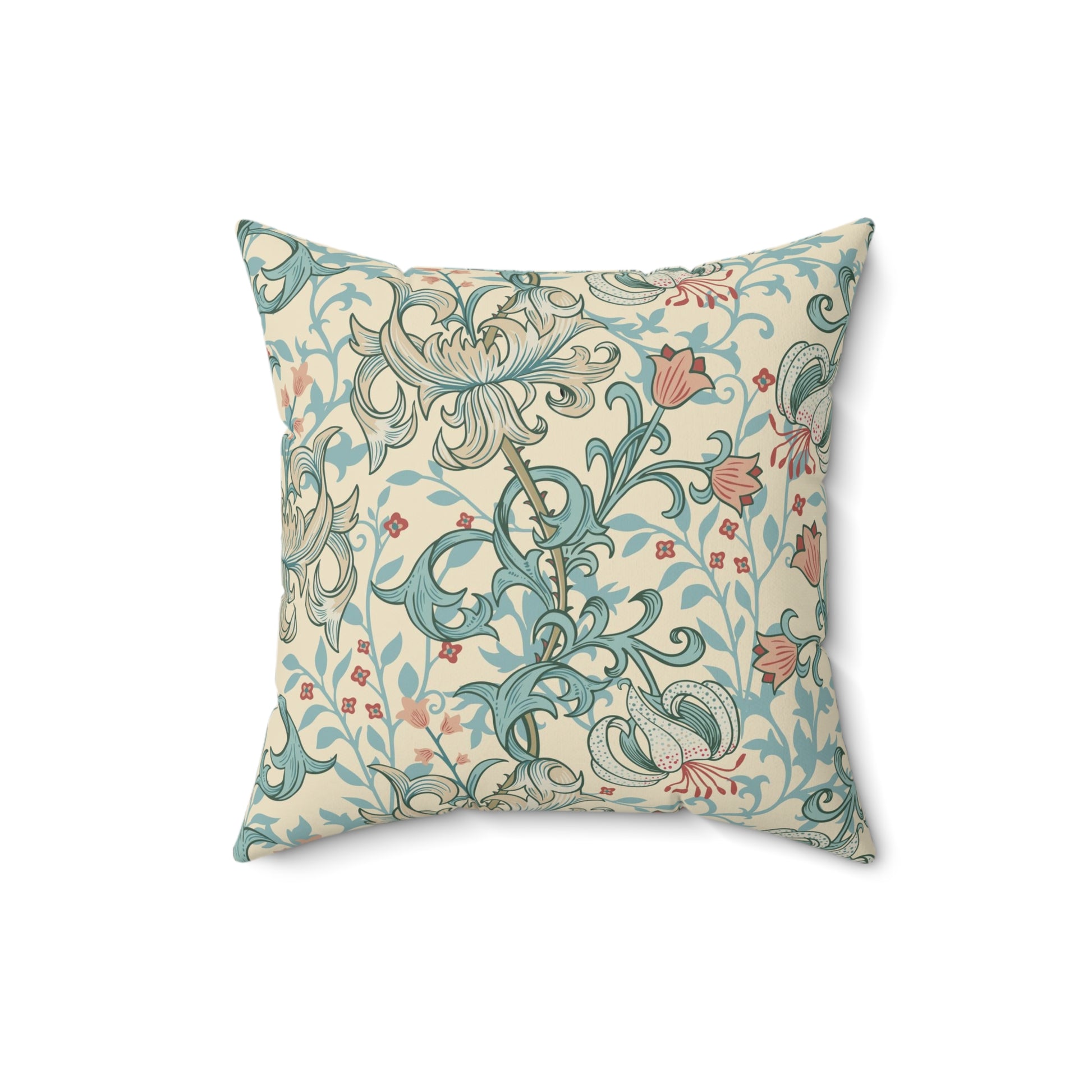 A square-shaped cushion with a floral William Morris & Co pattern featuring lilies, predominantly in shades of mineral and white.
