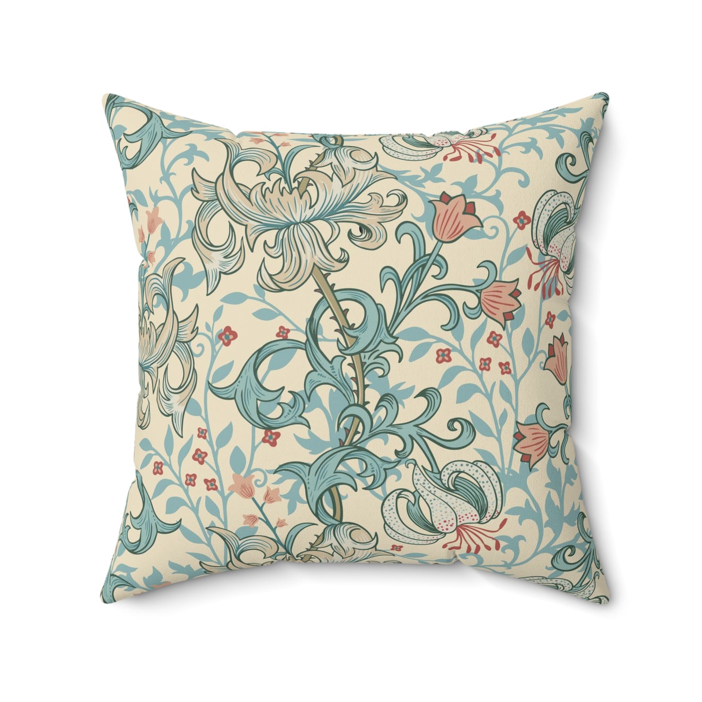 A square-shaped cushion with a floral William Morris & Co pattern featuring lilies, predominantly in shades of mineral and white.