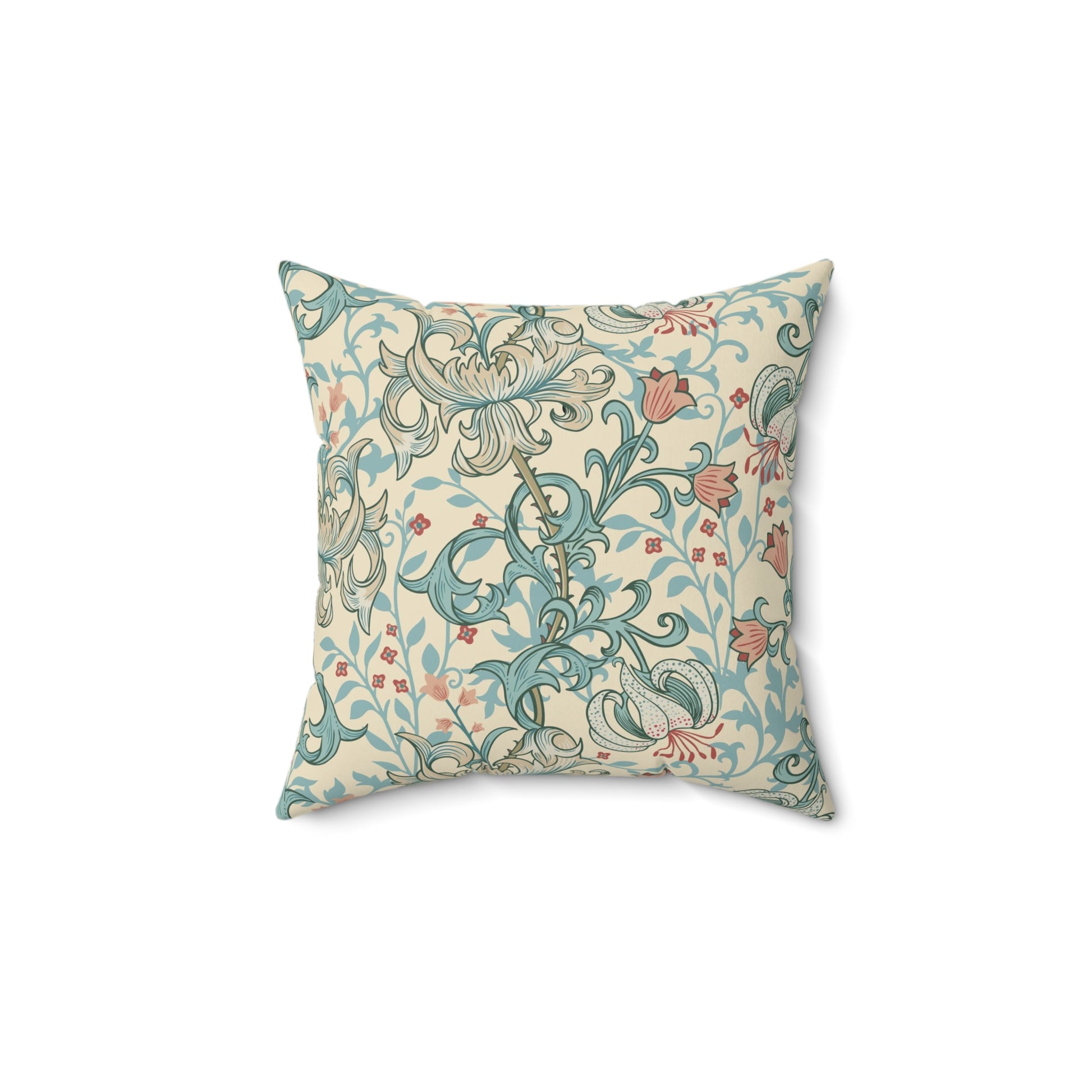 A square-shaped cushion with a floral William Morris & Co pattern featuring lilies, predominantly in shades of mineral and white.