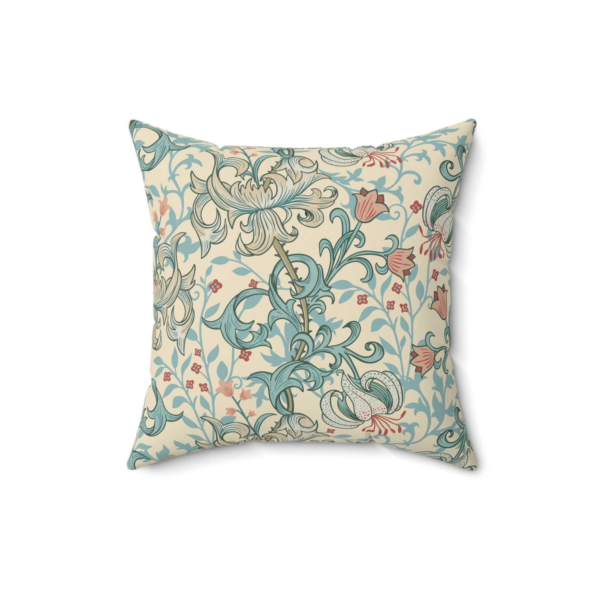 A square-shaped cushion with a floral William Morris & Co pattern featuring lilies, predominantly in shades of mineral and white.
