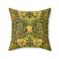 A square-shaped throw pillow with a William Morris & Co gold and green floral pattern on a faux suede fabric, featuring a concealed zipper.