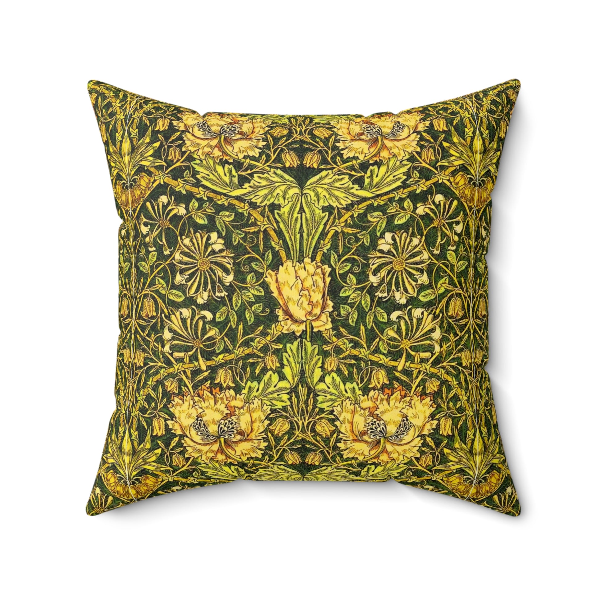 A square-shaped throw pillow with a William Morris & Co gold and green floral pattern on a faux suede fabric, featuring a concealed zipper.