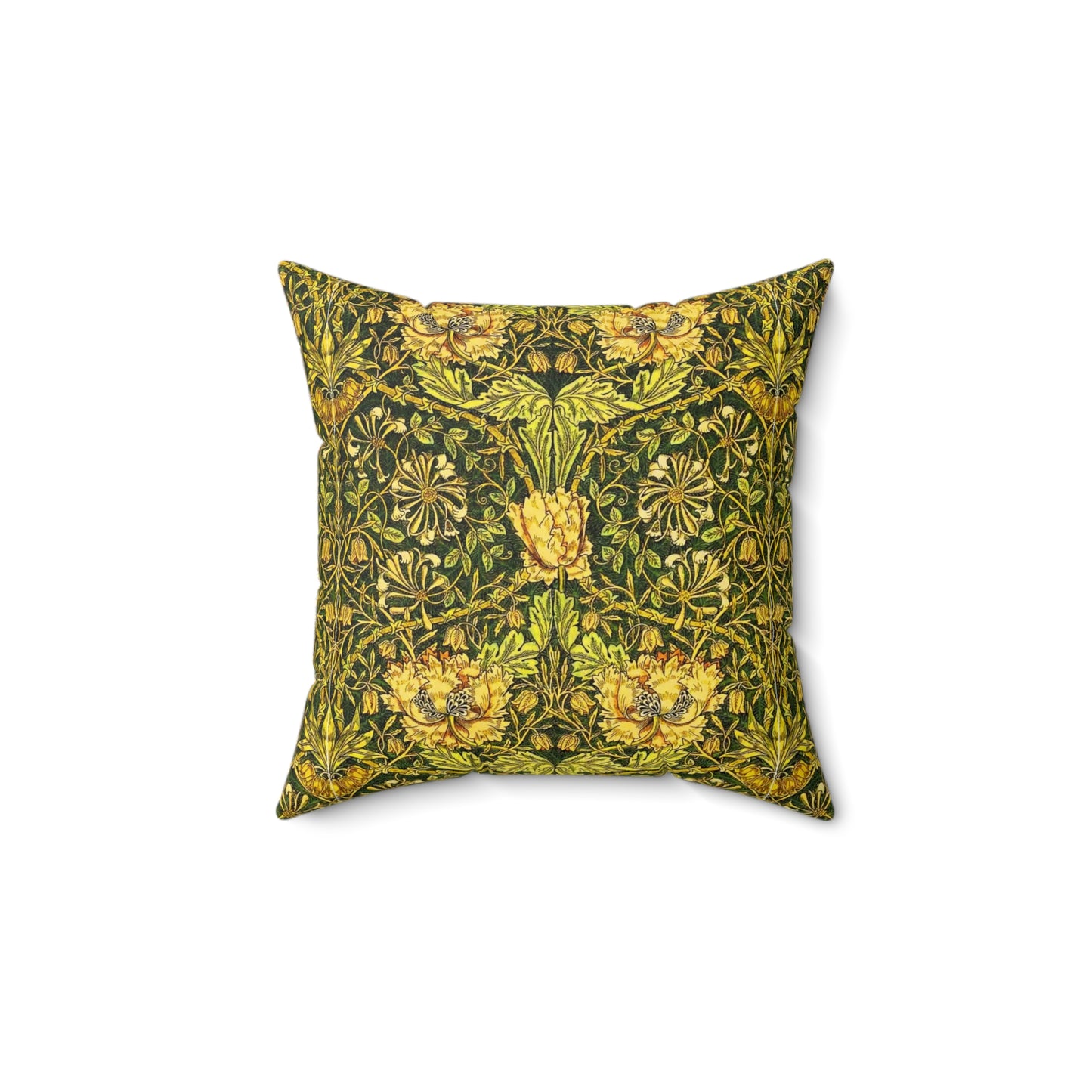 A square-shaped throw pillow with a William Morris & Co gold and green floral pattern on a faux suede fabric, featuring a concealed zipper.