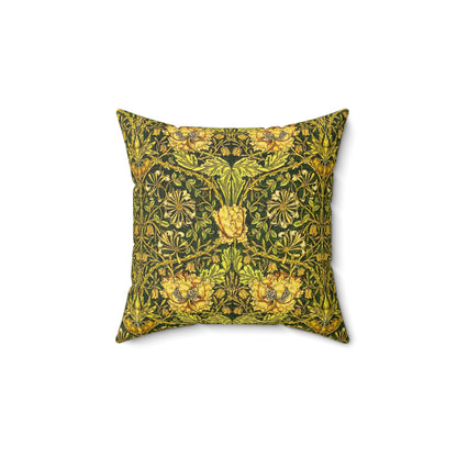 A square-shaped throw pillow with a William Morris & Co gold and green floral pattern on a faux suede fabric, featuring a concealed zipper.