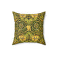 A square-shaped throw pillow with a William Morris & Co gold and green floral pattern on a faux suede fabric, featuring a concealed zipper.