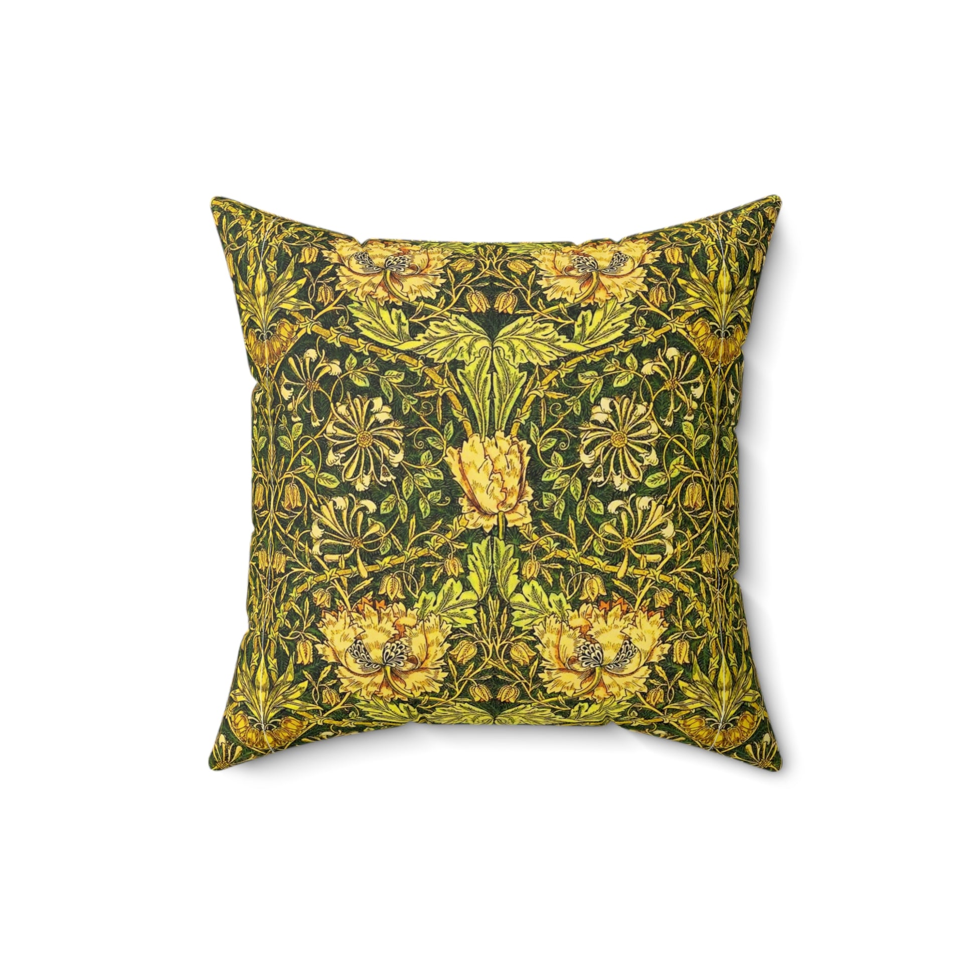 A square-shaped throw pillow with a William Morris & Co gold and green floral pattern on a faux suede fabric, featuring a concealed zipper.