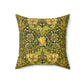 A square-shaped throw pillow with a William Morris & Co gold and green floral pattern on a faux suede fabric, featuring a concealed zipper.