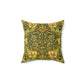 A square-shaped throw pillow with a William Morris & Co gold and green floral pattern on a faux suede fabric, featuring a concealed zipper.