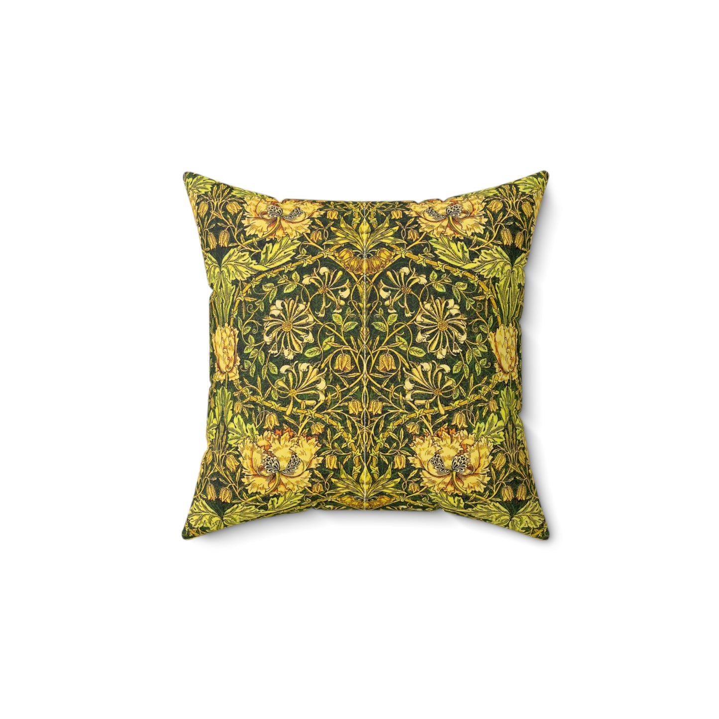 A square-shaped throw pillow with a William Morris & Co gold and green floral pattern on a faux suede fabric, featuring a concealed zipper.