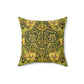 A square-shaped throw pillow with a William Morris & Co gold and green floral pattern on a faux suede fabric, featuring a concealed zipper.