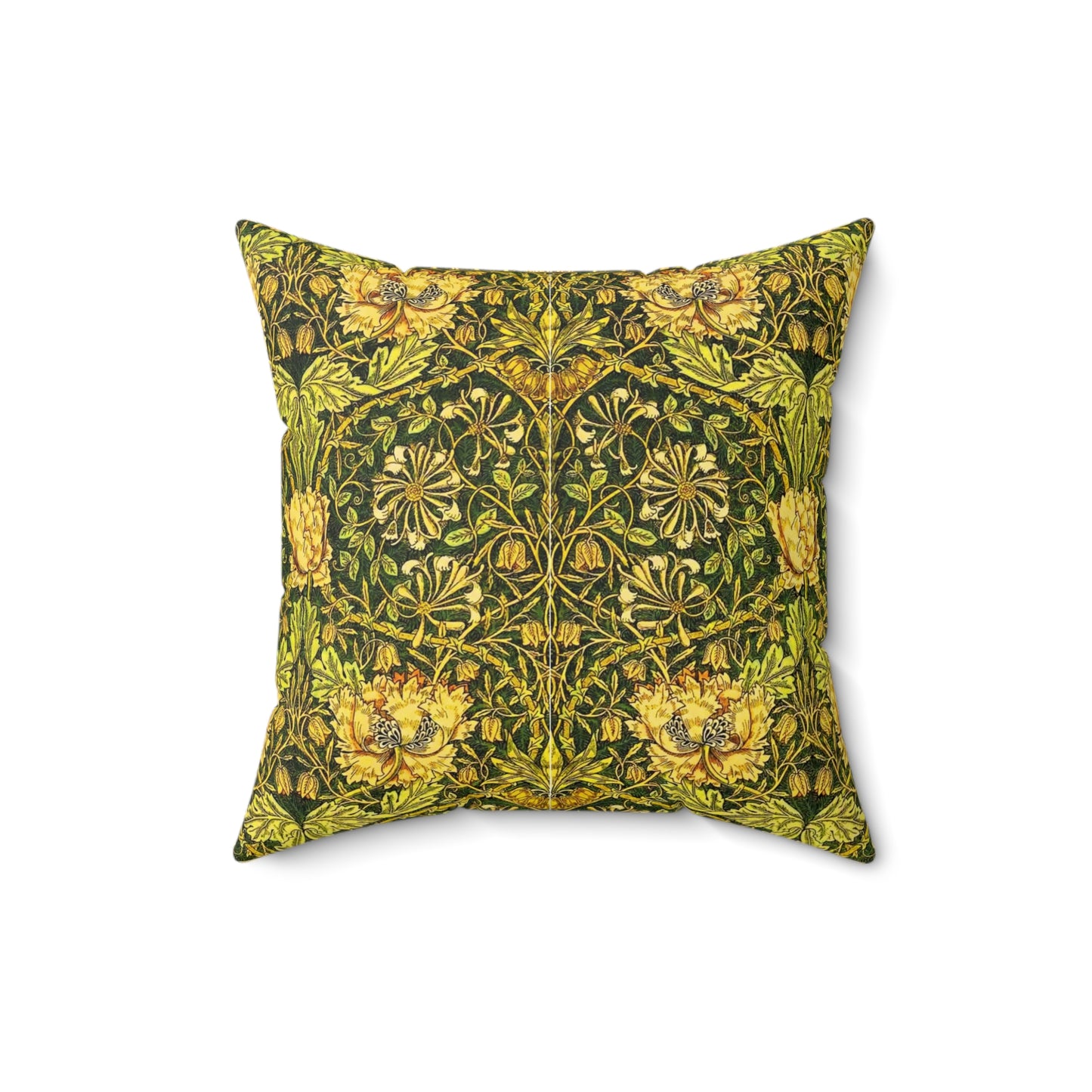 A square-shaped throw pillow with a William Morris & Co gold and green floral pattern on a faux suede fabric, featuring a concealed zipper.