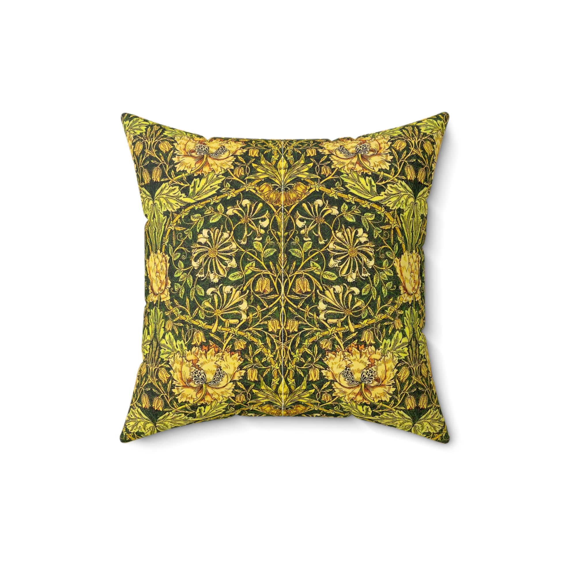A square-shaped throw pillow with a William Morris & Co gold and green floral pattern on a faux suede fabric, featuring a concealed zipper.