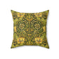 A square-shaped throw pillow with a William Morris & Co gold and green floral pattern on a faux suede fabric, featuring a concealed zipper.