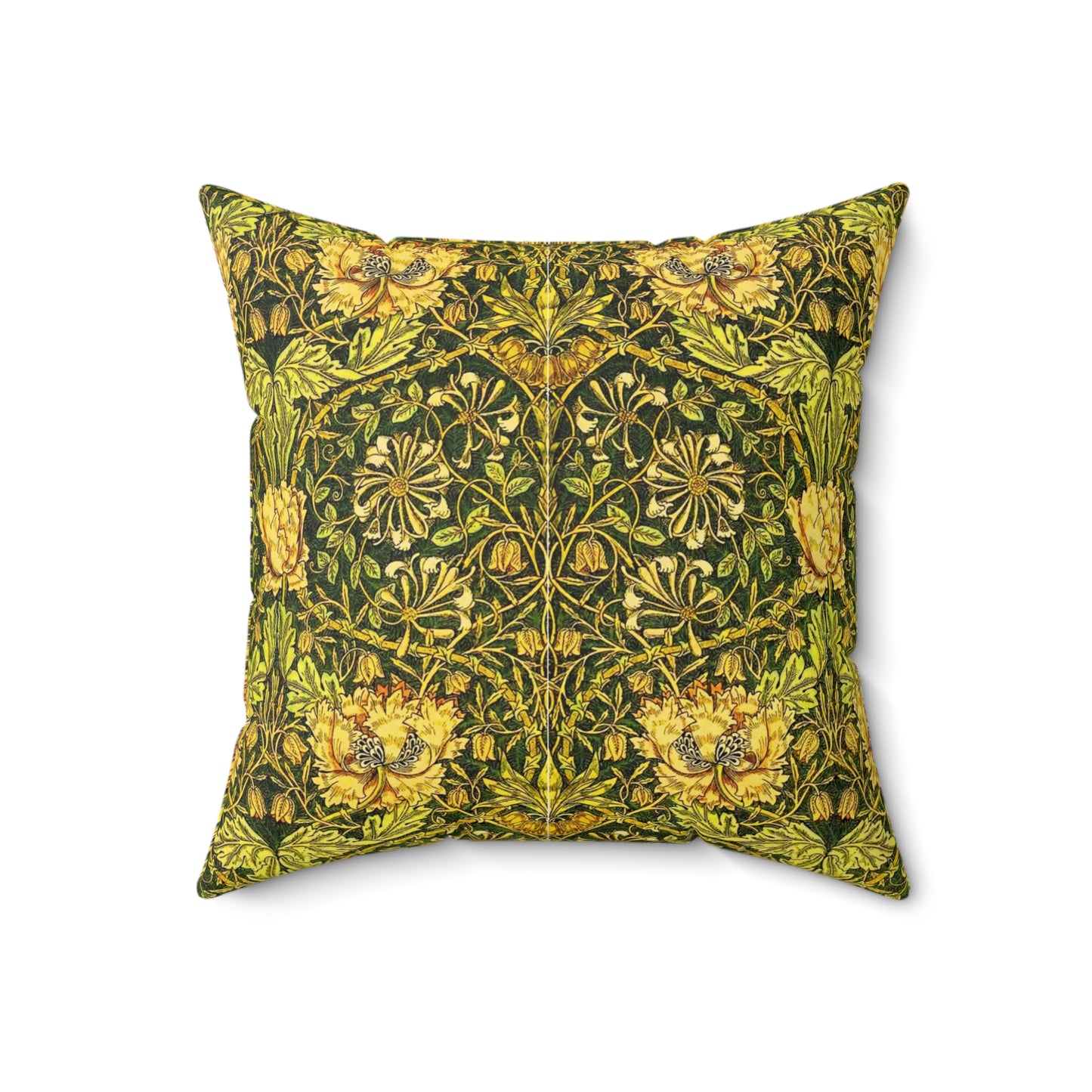 A square-shaped throw pillow with a William Morris & Co gold and green floral pattern on a faux suede fabric, featuring a concealed zipper.