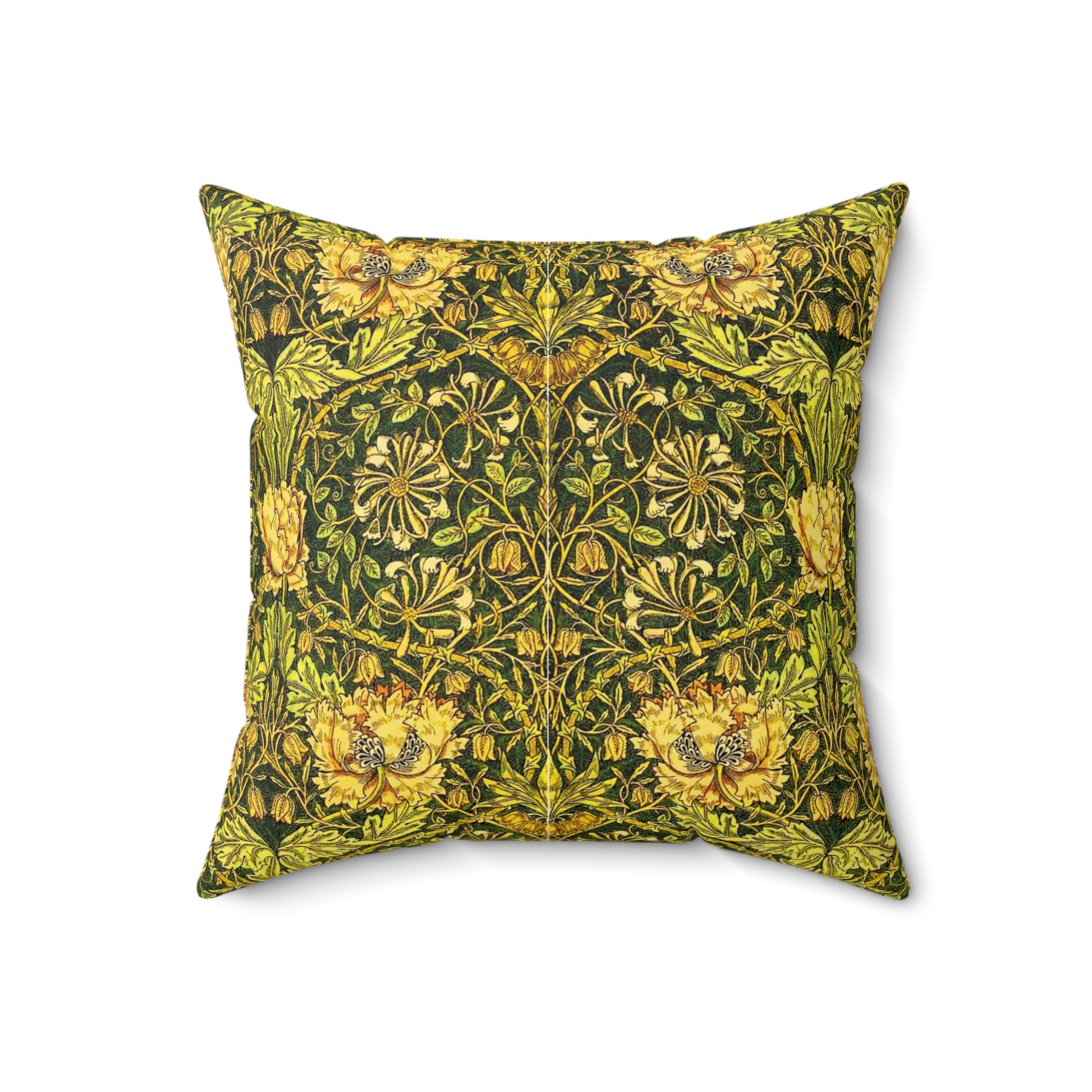 A square-shaped throw pillow with a William Morris & Co gold and green floral pattern on a faux suede fabric, featuring a concealed zipper.