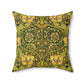 A square-shaped throw pillow with a William Morris & Co gold and green floral pattern on a faux suede fabric, featuring a concealed zipper.