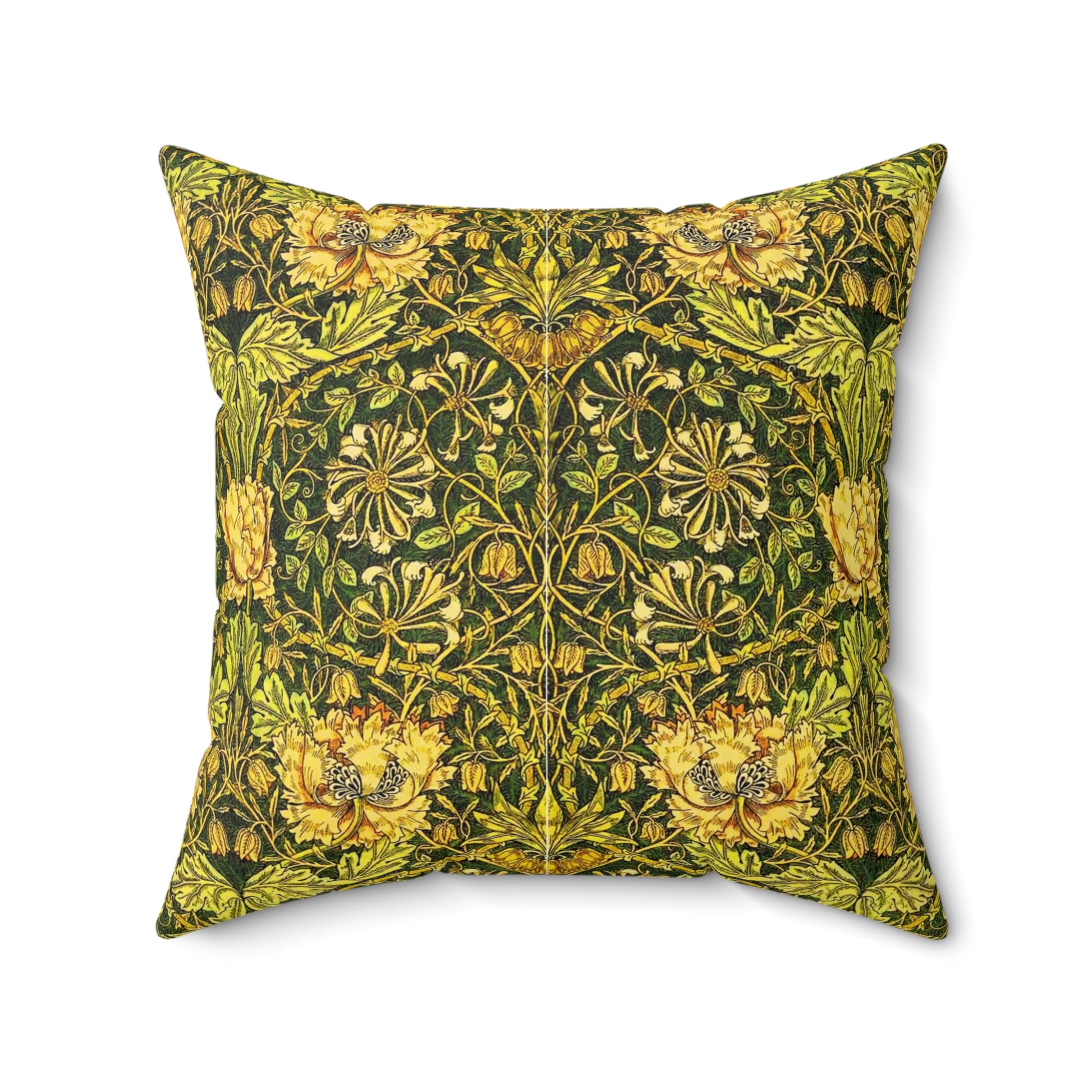 A square-shaped throw pillow with a William Morris & Co gold and green floral pattern on a faux suede fabric, featuring a concealed zipper.