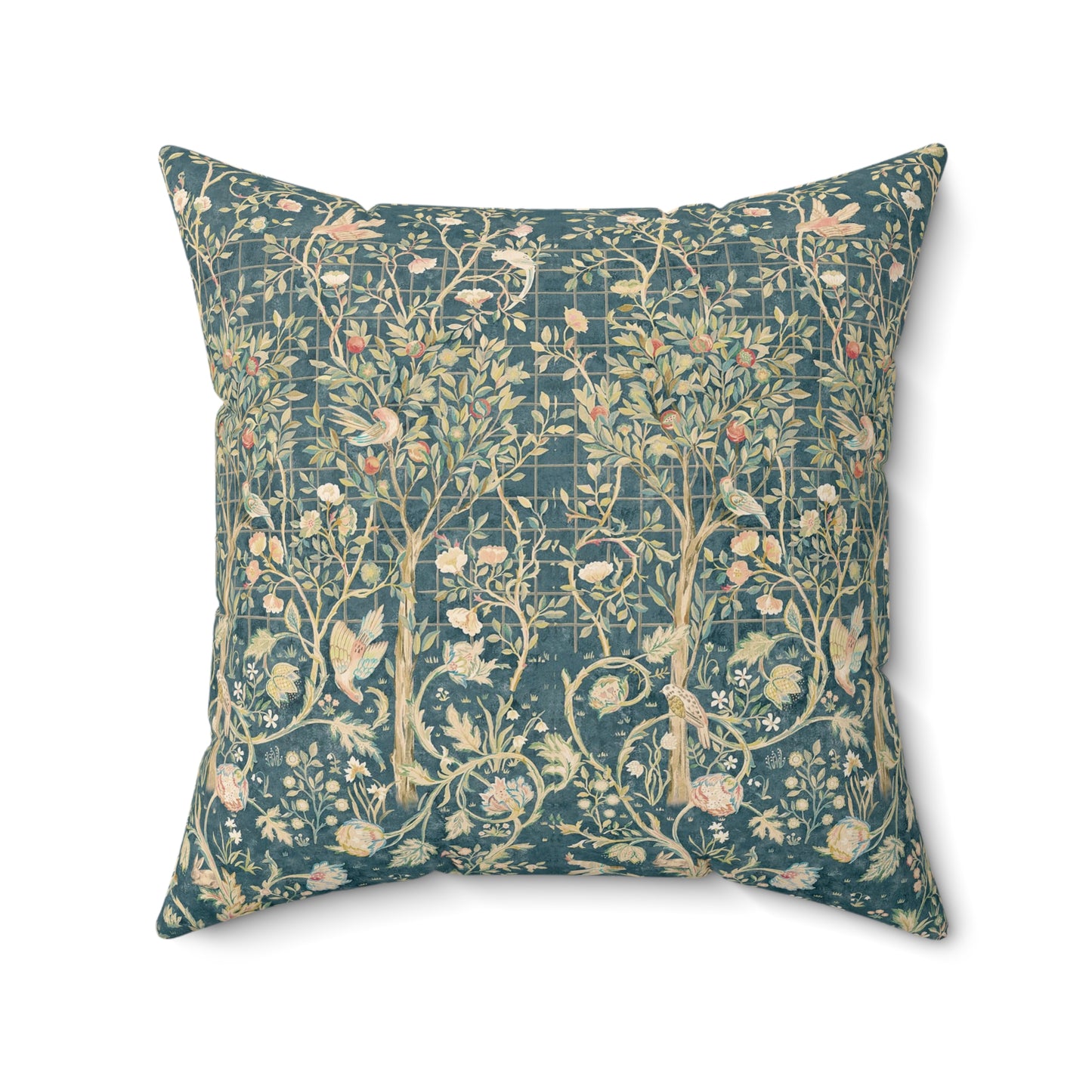 A square faux suede cushion with a floral pattern in evergreen teal colors.