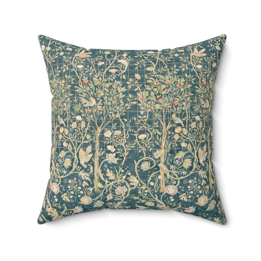 A square faux suede cushion with a floral pattern in evergreen teal colors.