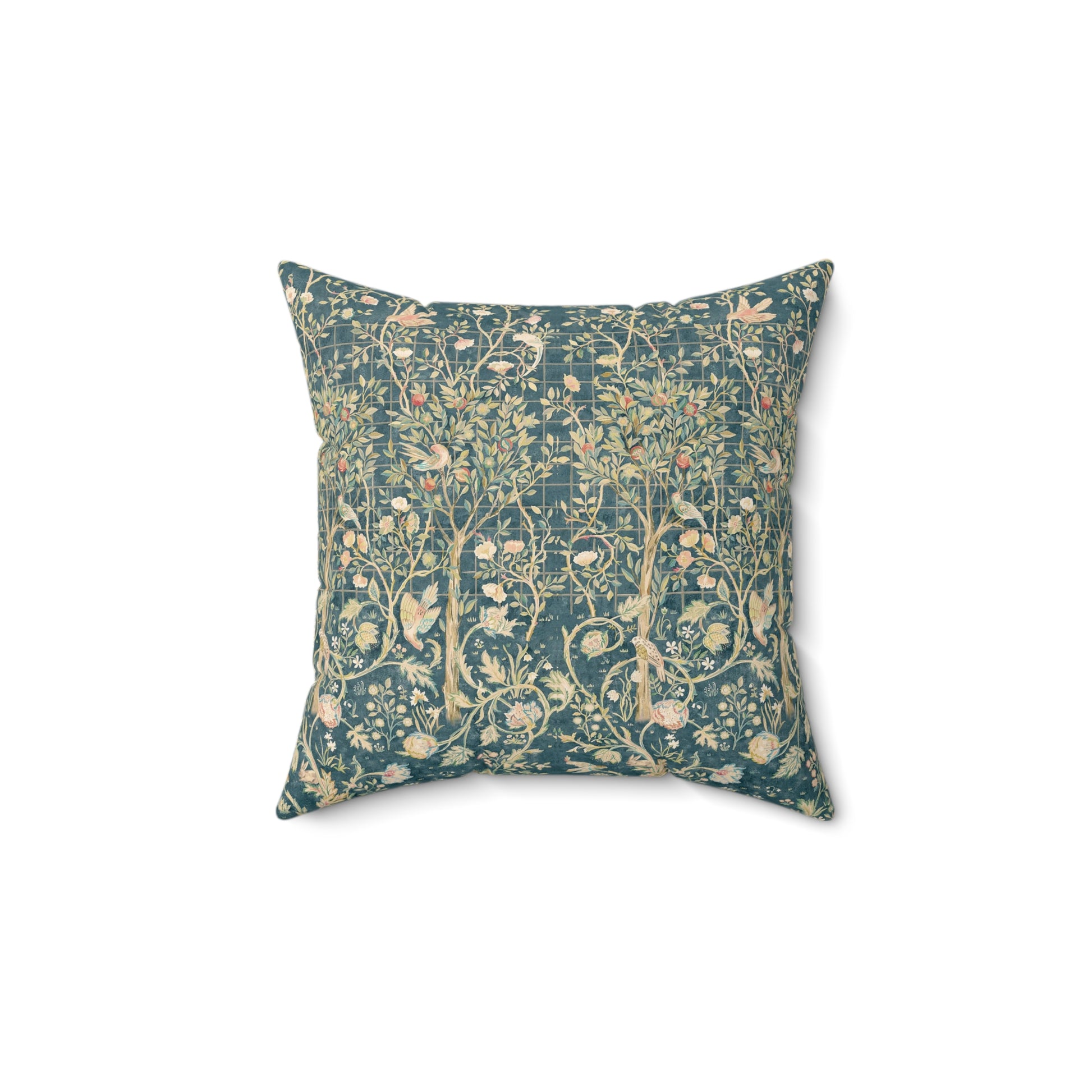 A square faux suede cushion with a floral pattern in evergreen teal colors.