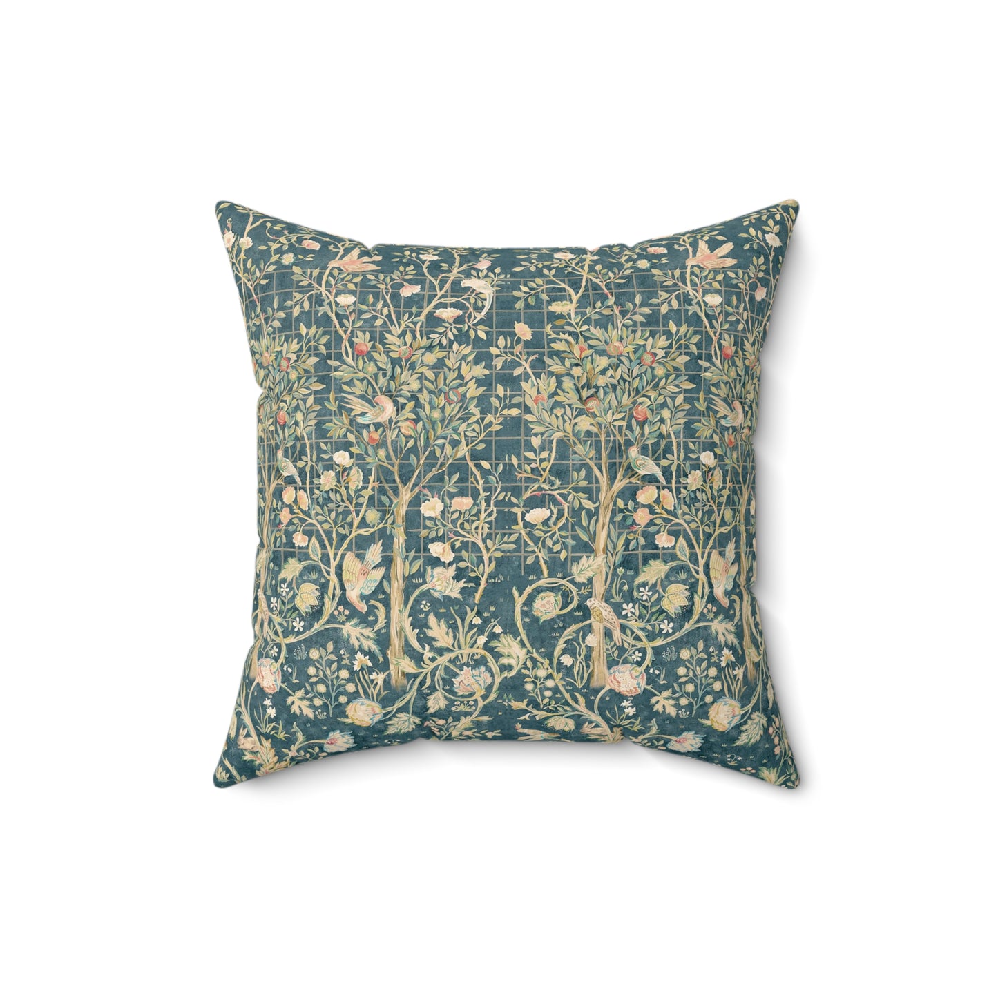 A square faux suede cushion with a floral pattern in evergreen teal colors.