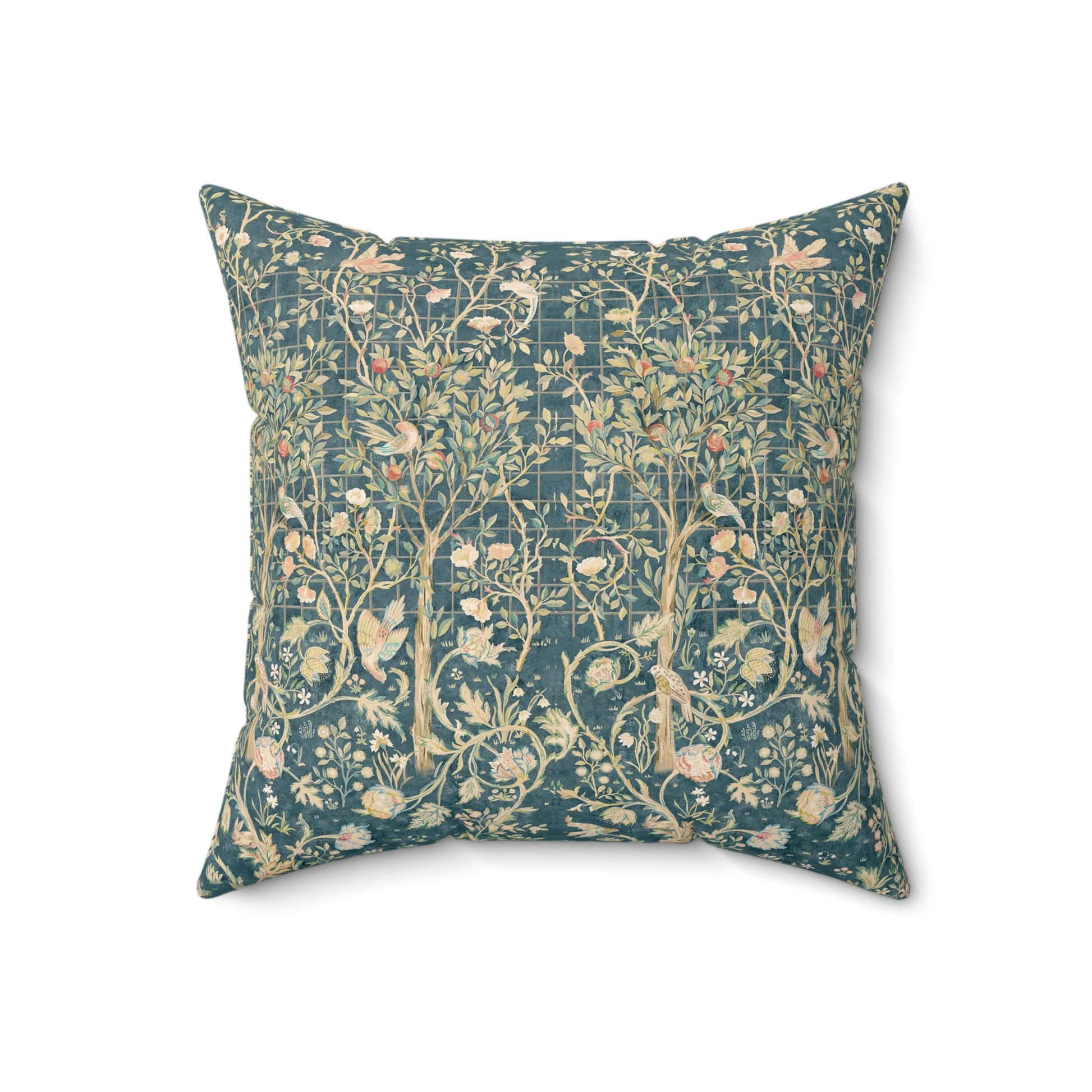 A square faux suede cushion with a floral pattern in evergreen teal colors.