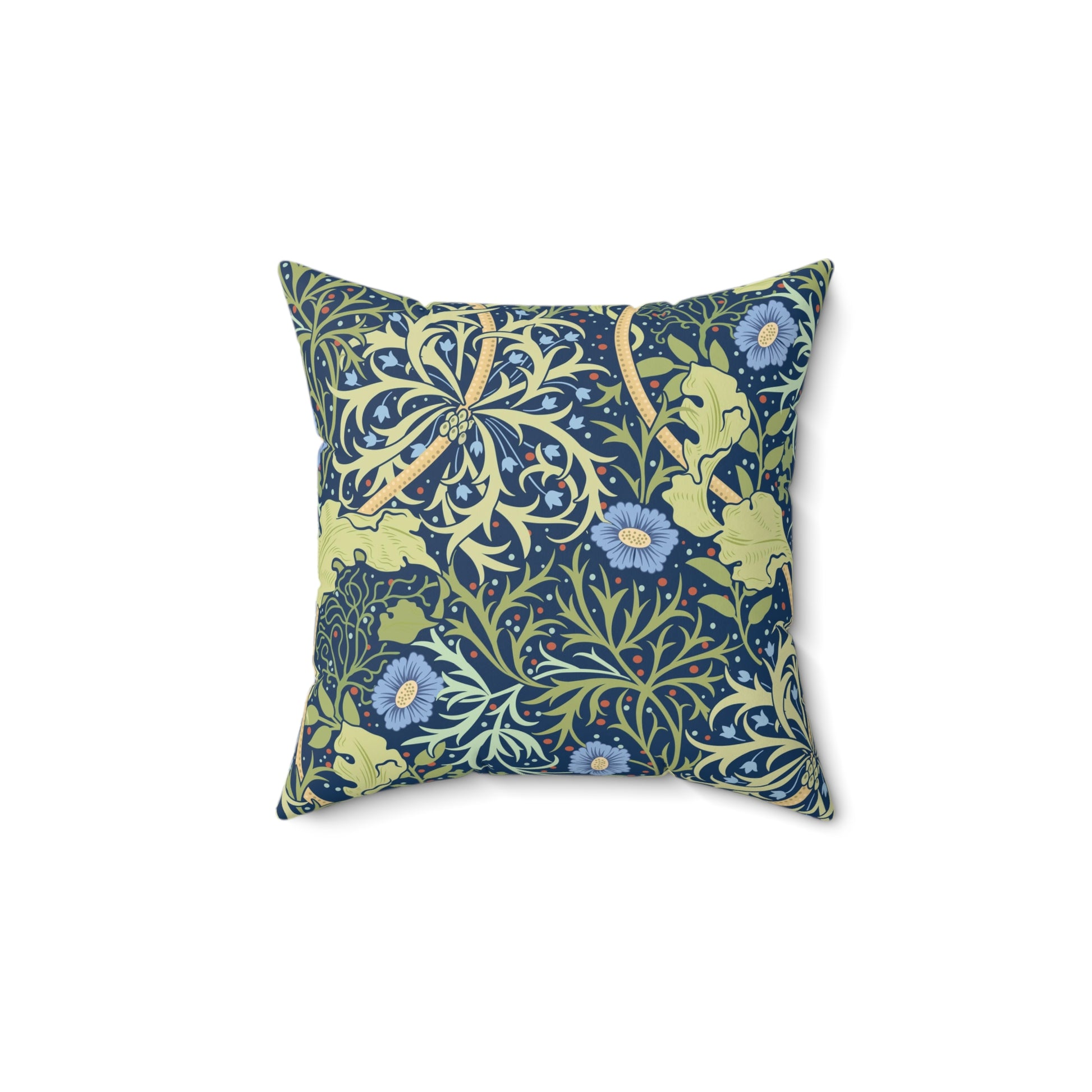 A square faux suede cushion with a blue floral pattern based on the Seaweed Collection design by William Morris & Co.