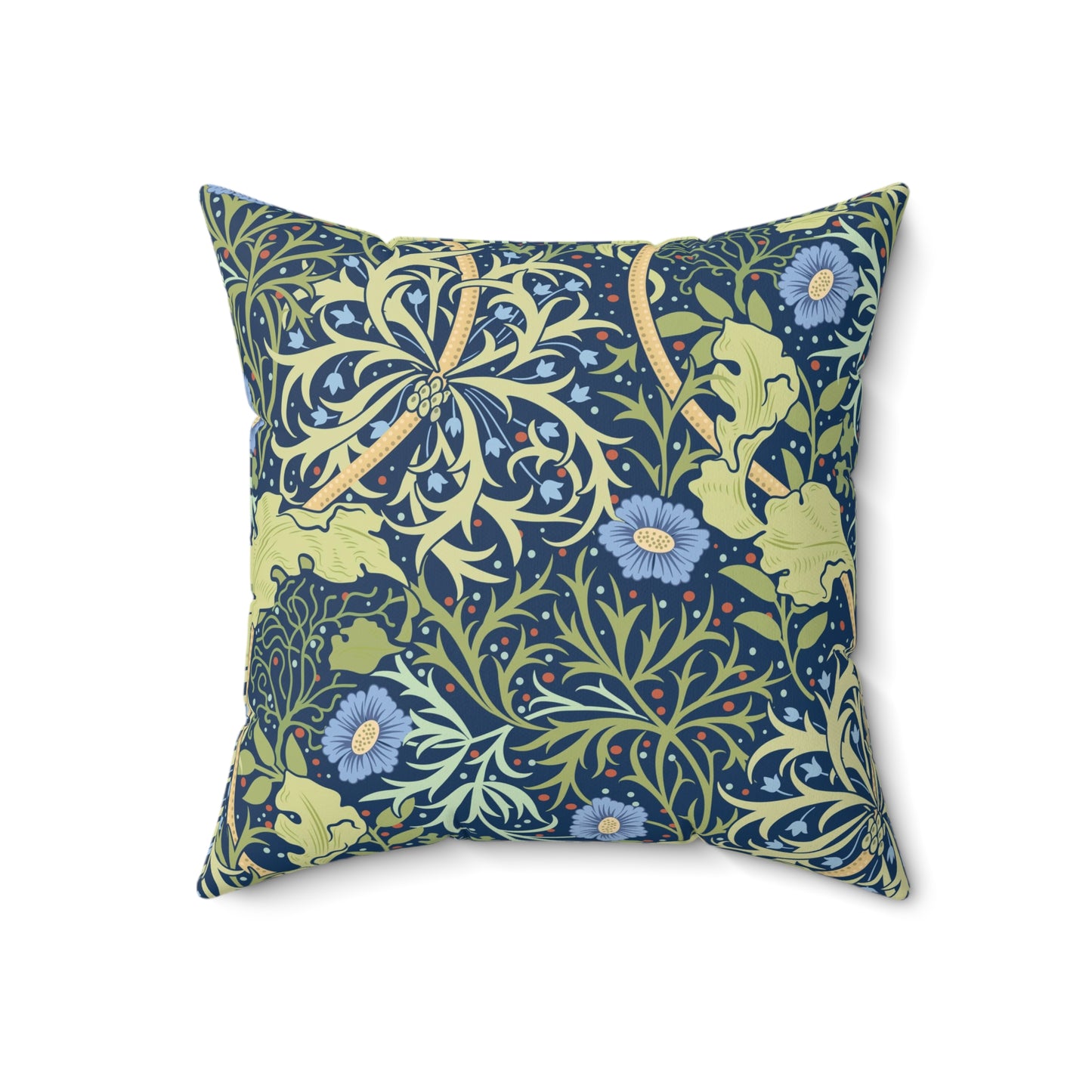 A square faux suede cushion with a blue floral pattern based on the Seaweed Collection design by William Morris & Co.