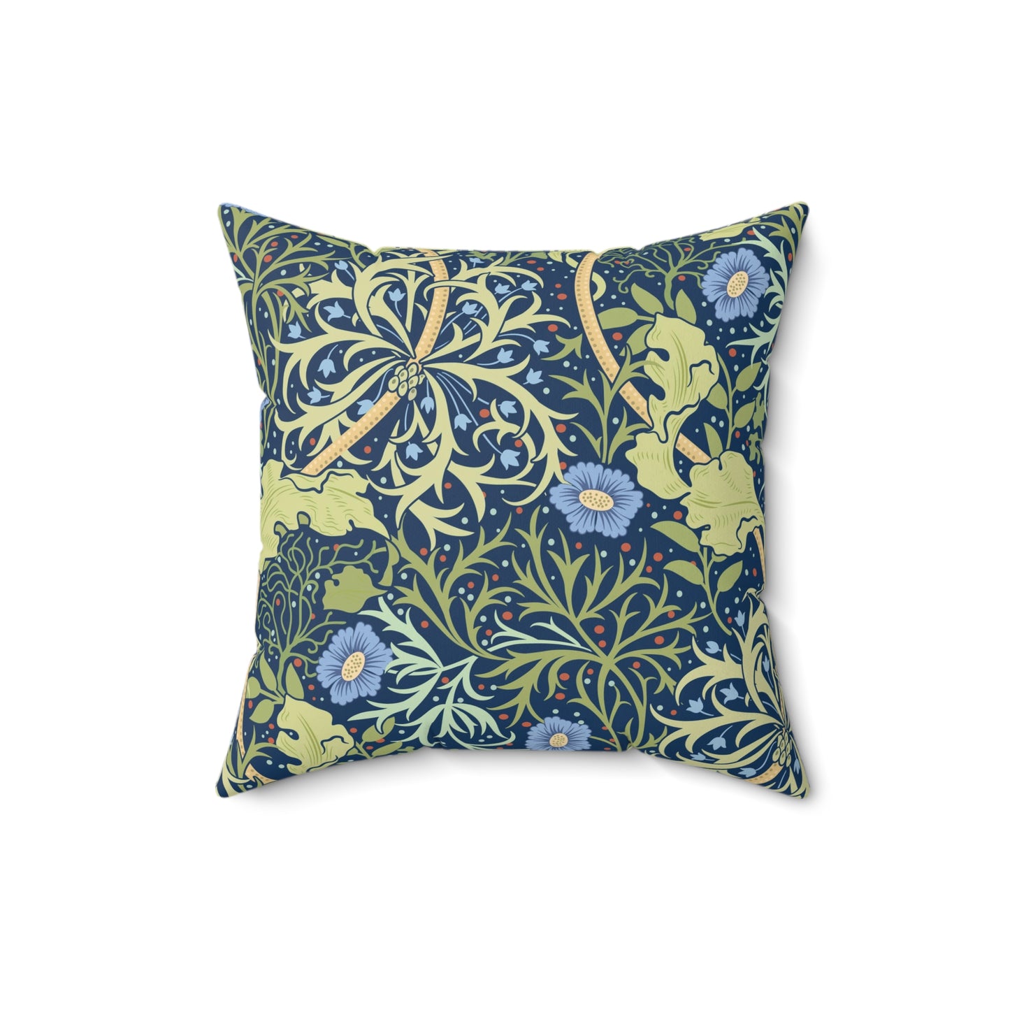 A square faux suede cushion with a blue floral pattern based on the Seaweed Collection design by William Morris & Co.