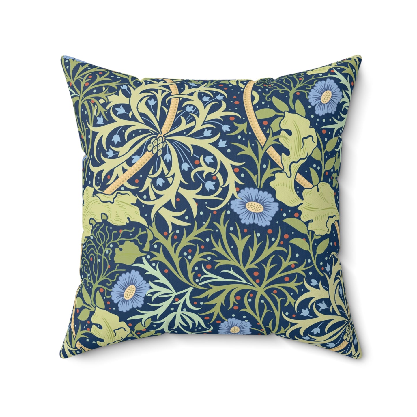 A square faux suede cushion with a blue floral pattern based on the Seaweed Collection design by William Morris & Co.