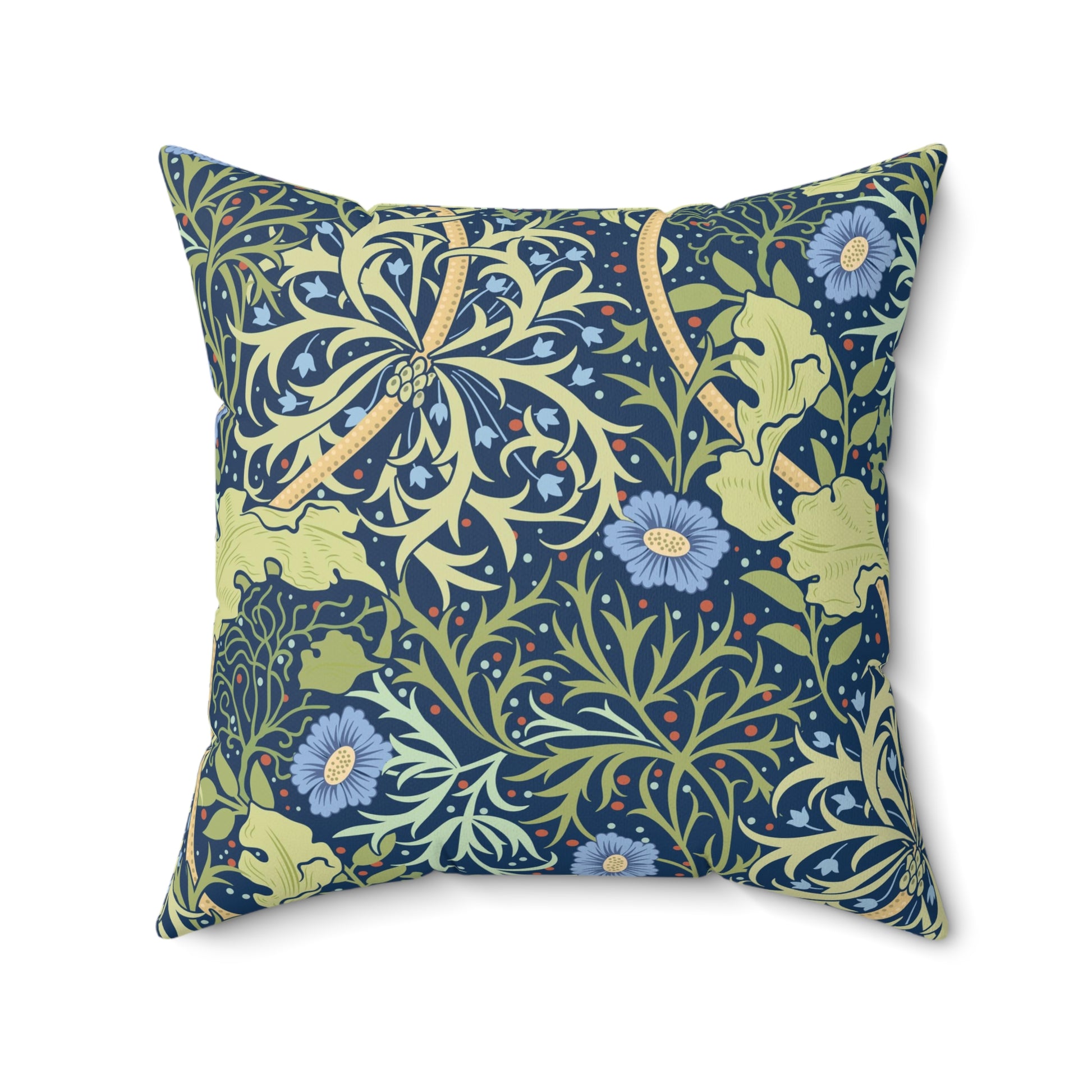 A square faux suede cushion with a blue floral pattern based on the Seaweed Collection design by William Morris & Co.