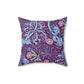 A square faux suede cushion with a floral William Morris & Co pattern in pink, green, and purple colours called Seaweed.