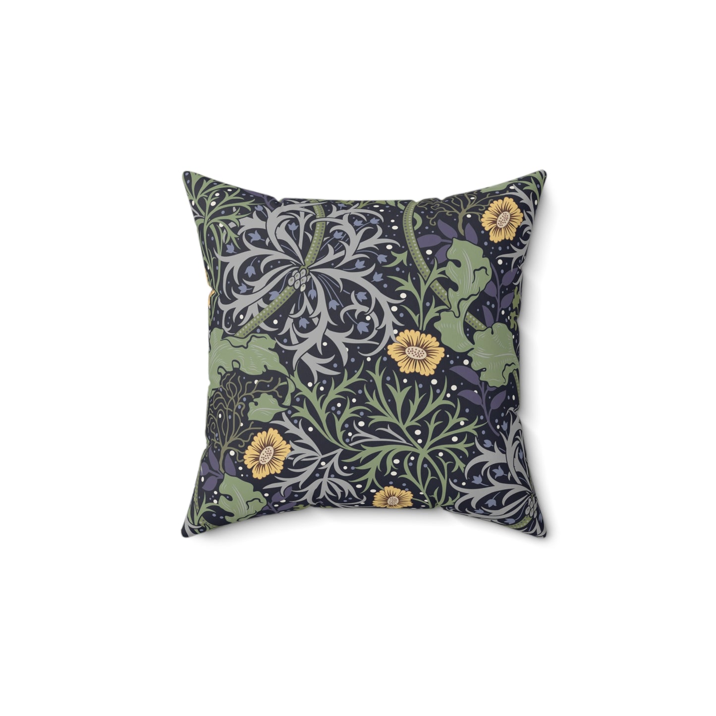A square faux suede cushion with a yellow flower and seaweed William Morris & Co pattern, predominantly dark in colour.