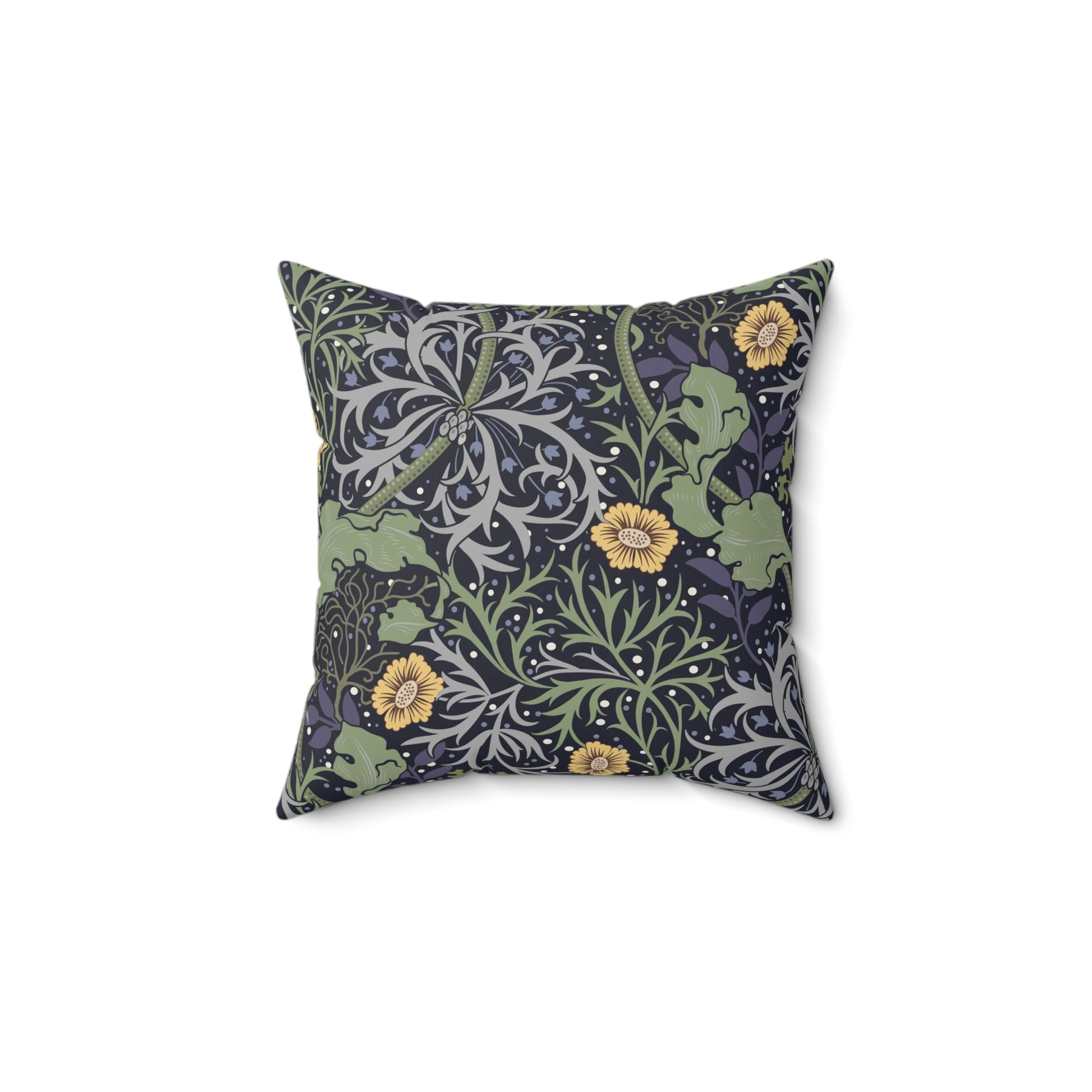 A square faux suede cushion with a yellow flower and seaweed William Morris & Co pattern, predominantly dark in colour.