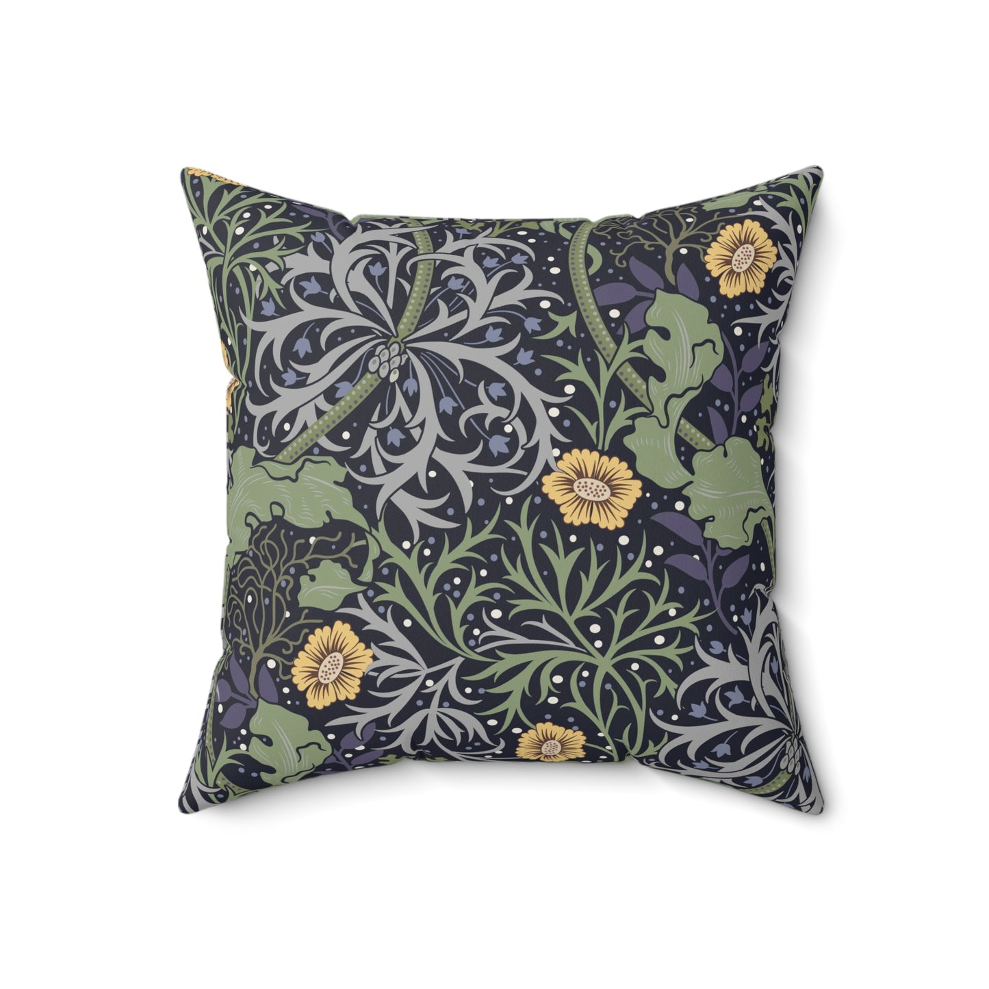 A square faux suede cushion with a yellow flower and seaweed William Morris & Co pattern, predominantly dark in colour.