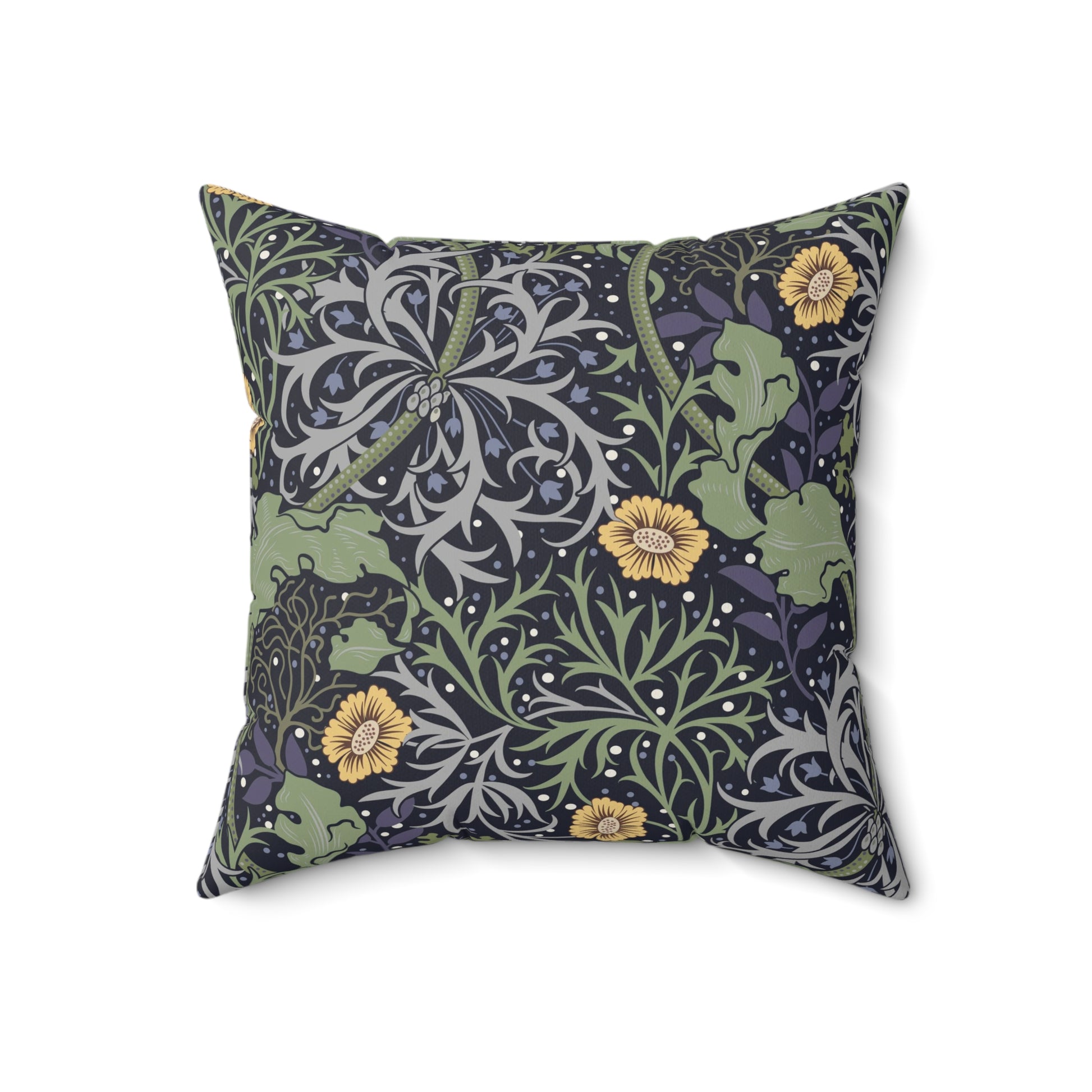 A square faux suede cushion with a yellow flower and seaweed William Morris & Co pattern, predominantly dark in colour.