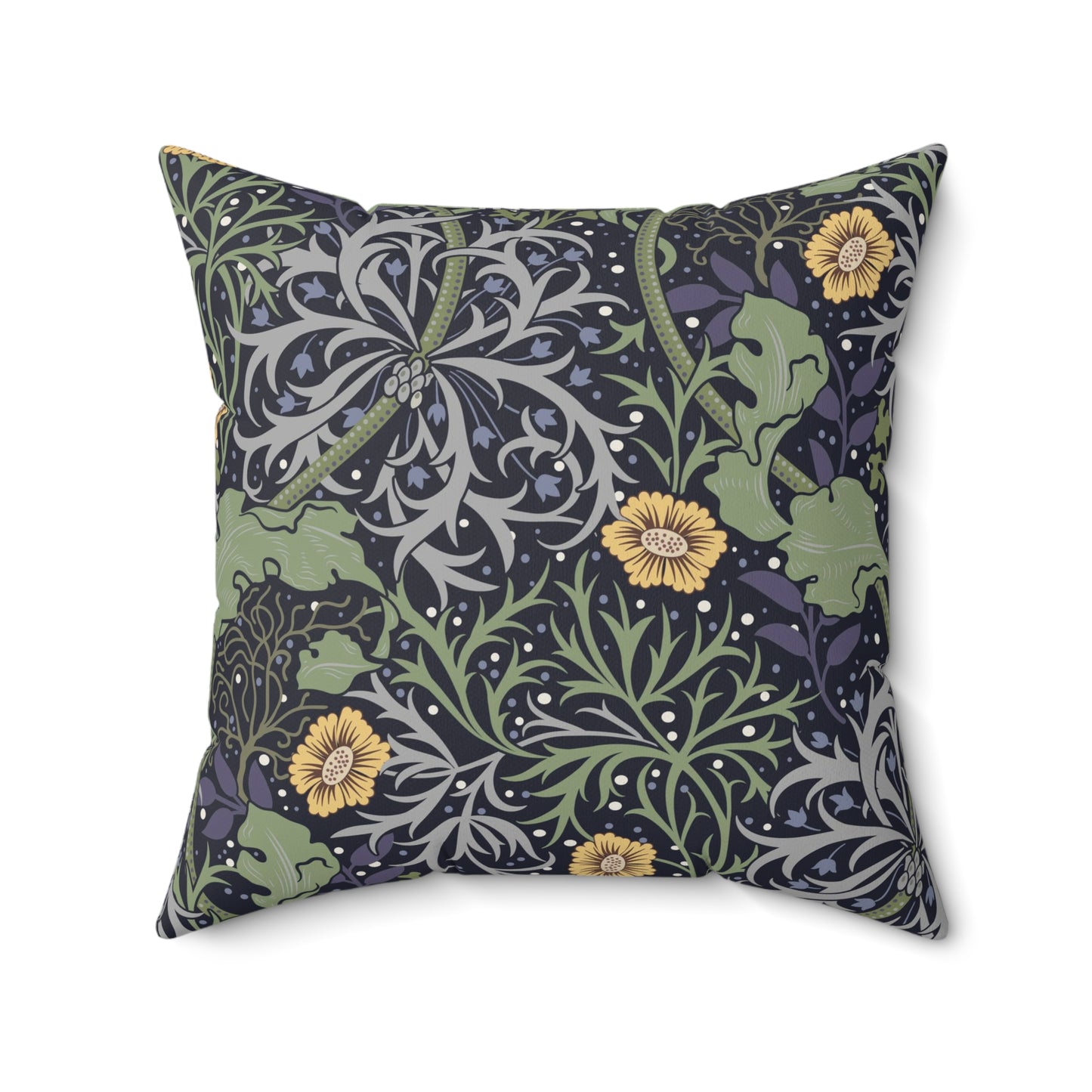 A square faux suede cushion with a yellow flower and seaweed William Morris & Co pattern, predominantly dark in colour.