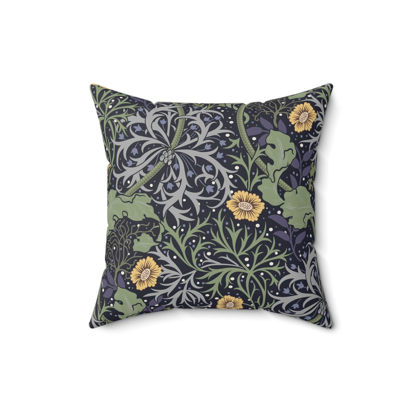 A square faux suede cushion with a yellow flower and seaweed William Morris & Co pattern, predominantly dark in colour.