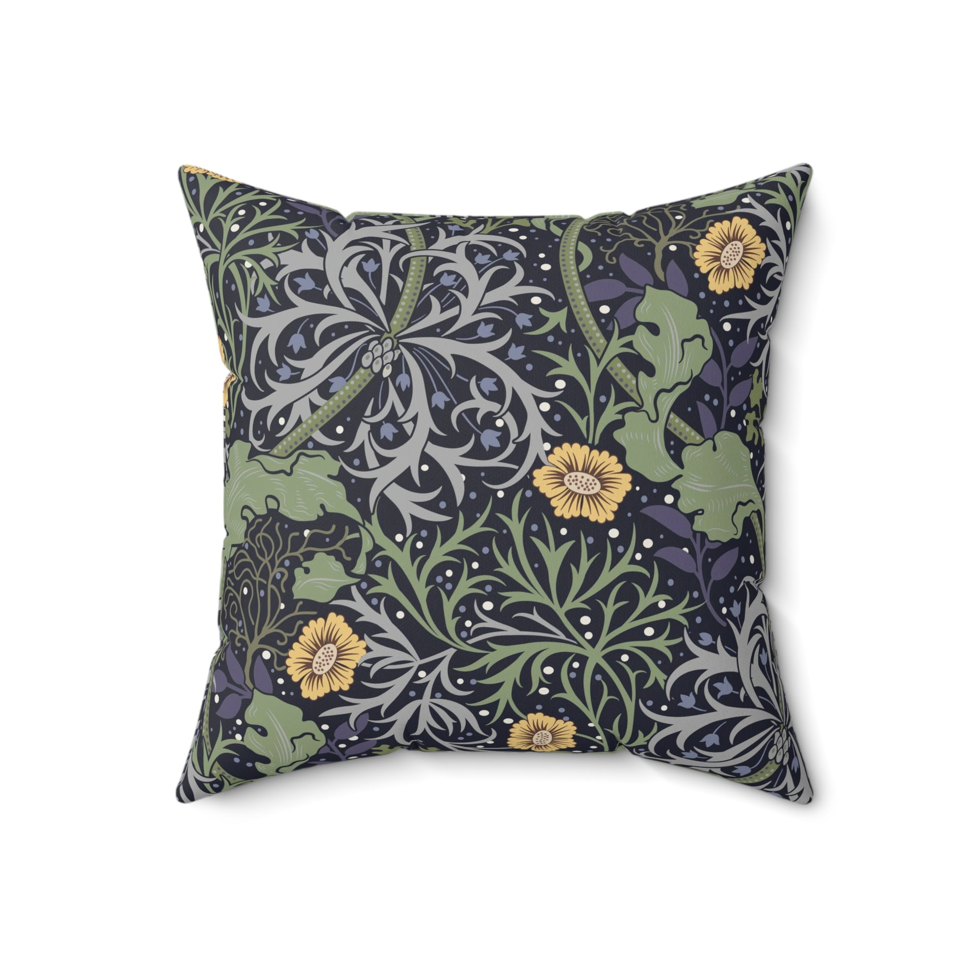 A square faux suede cushion with a yellow flower and seaweed William Morris & Co pattern, predominantly dark in colour.