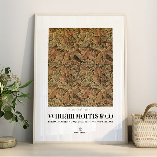 Framed William Morris & Co print on a wall with decorative elements.