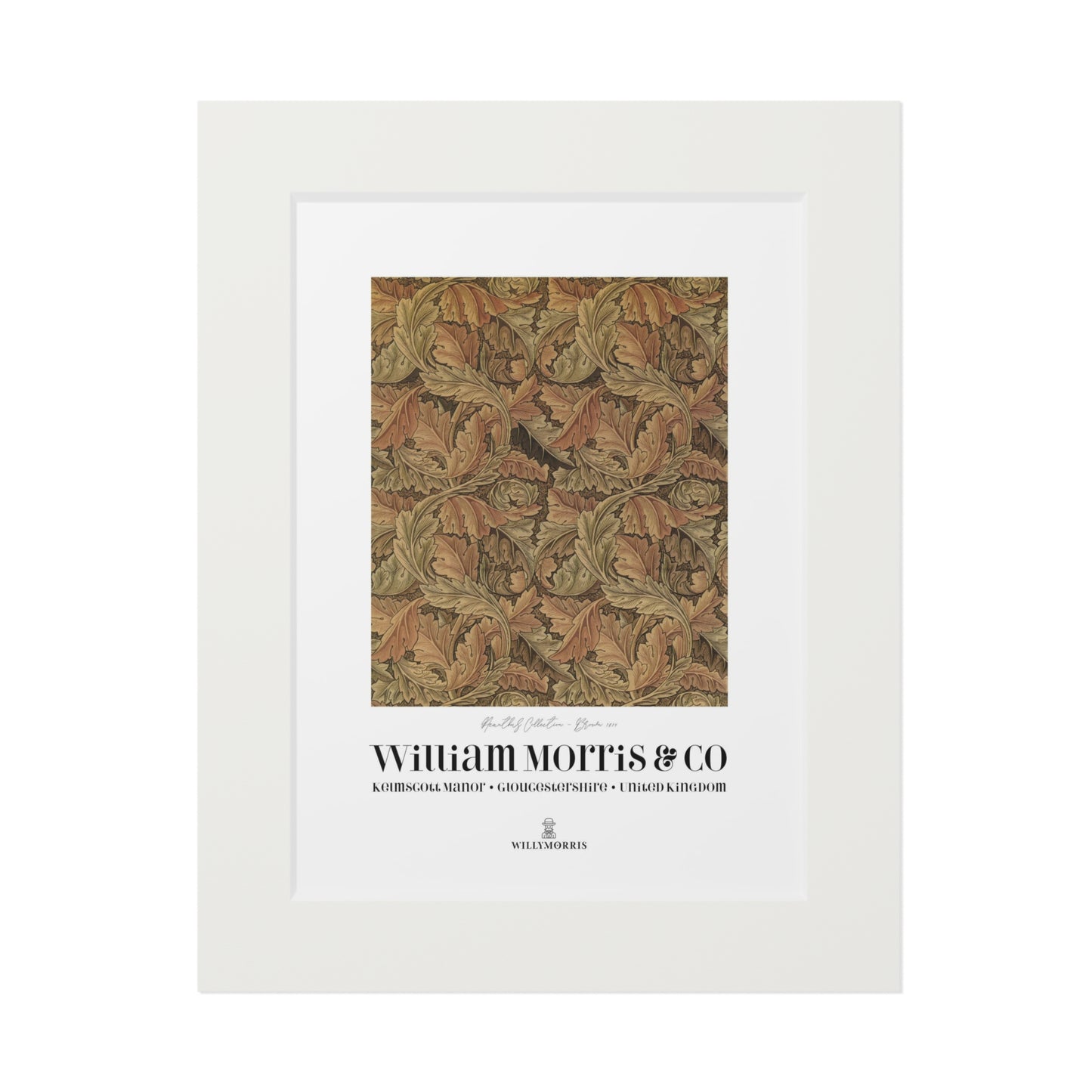 Framed textile pattern with 'William Morris & Co' branding on a white background