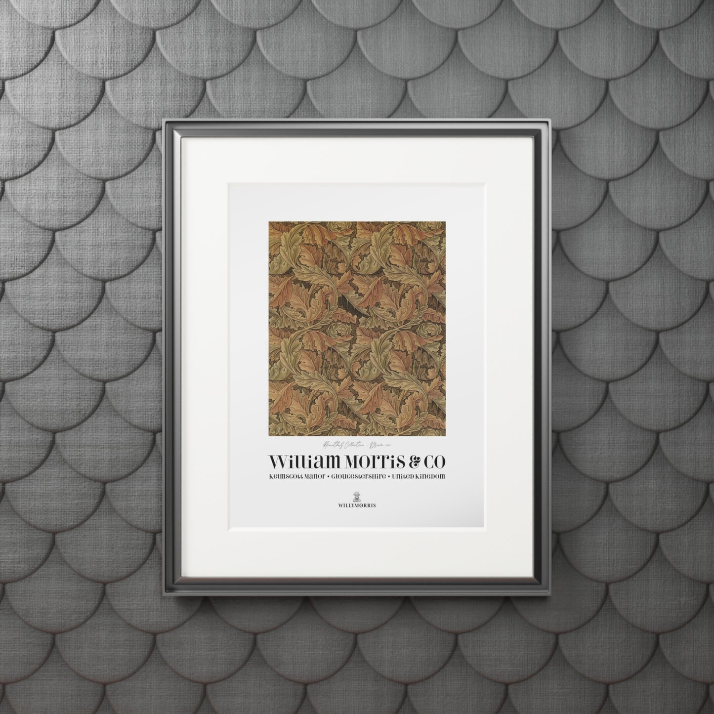 Framed artwork with 'William Morris & Co' design on a textured gray wall.
