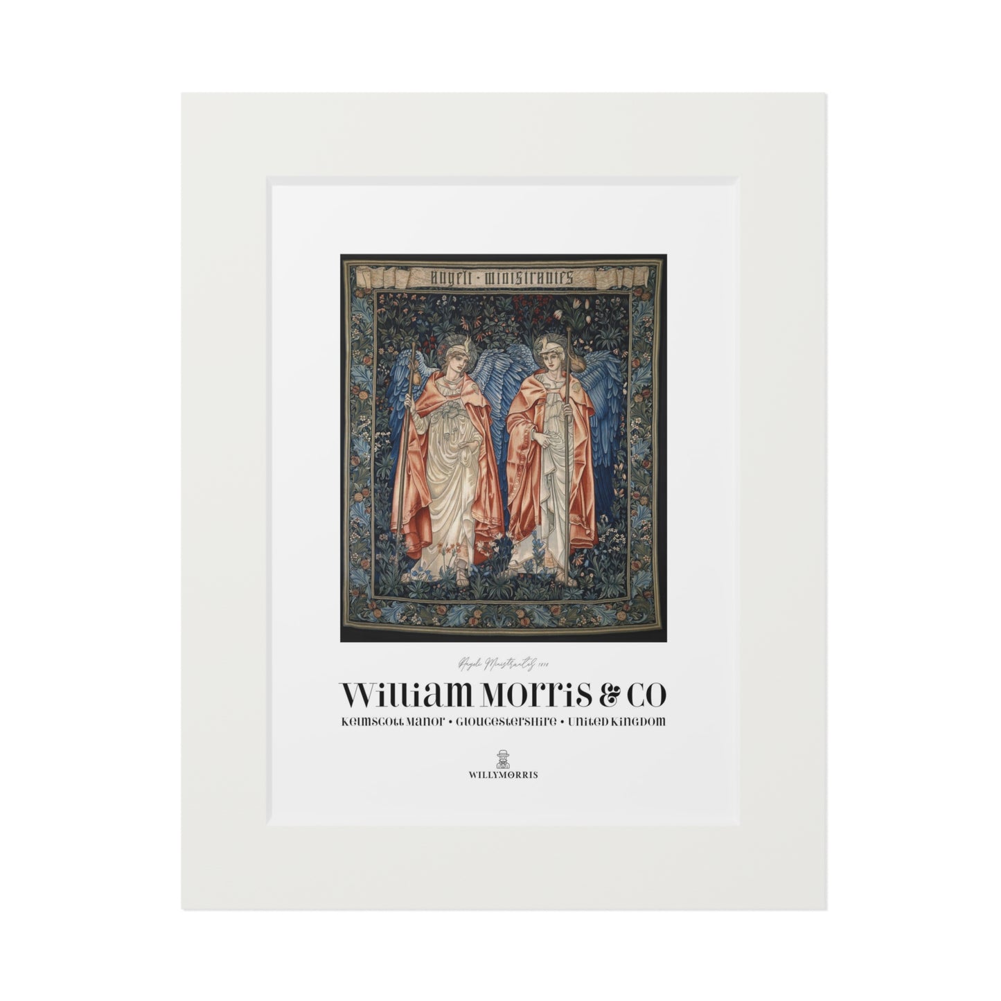 Framed artwork with two figures in robes and a decorative border, featuring the brand 'William Morris & Co'.