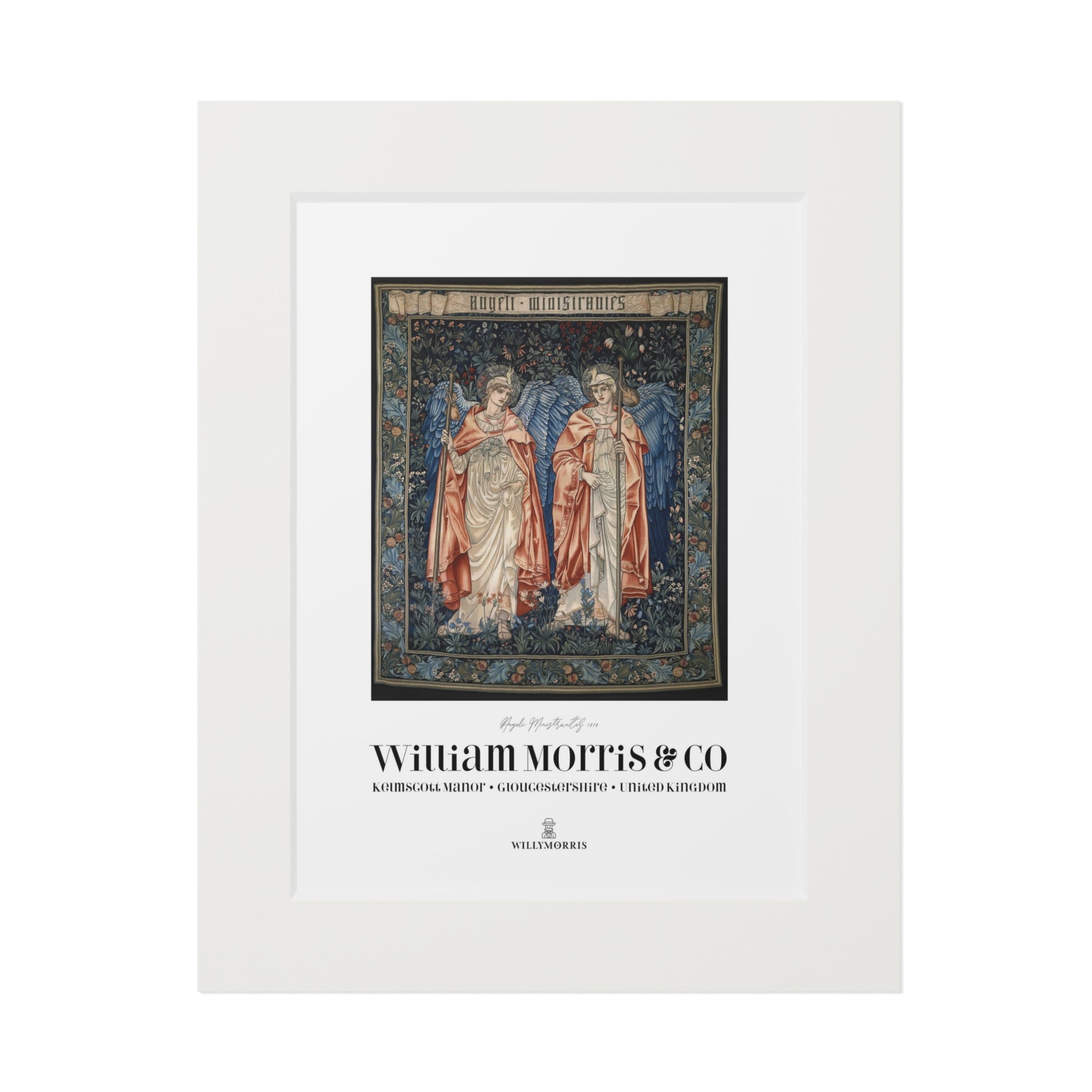 Framed artwork with two figures in robes and a decorative border, featuring the brand 'William Morris & Co'.