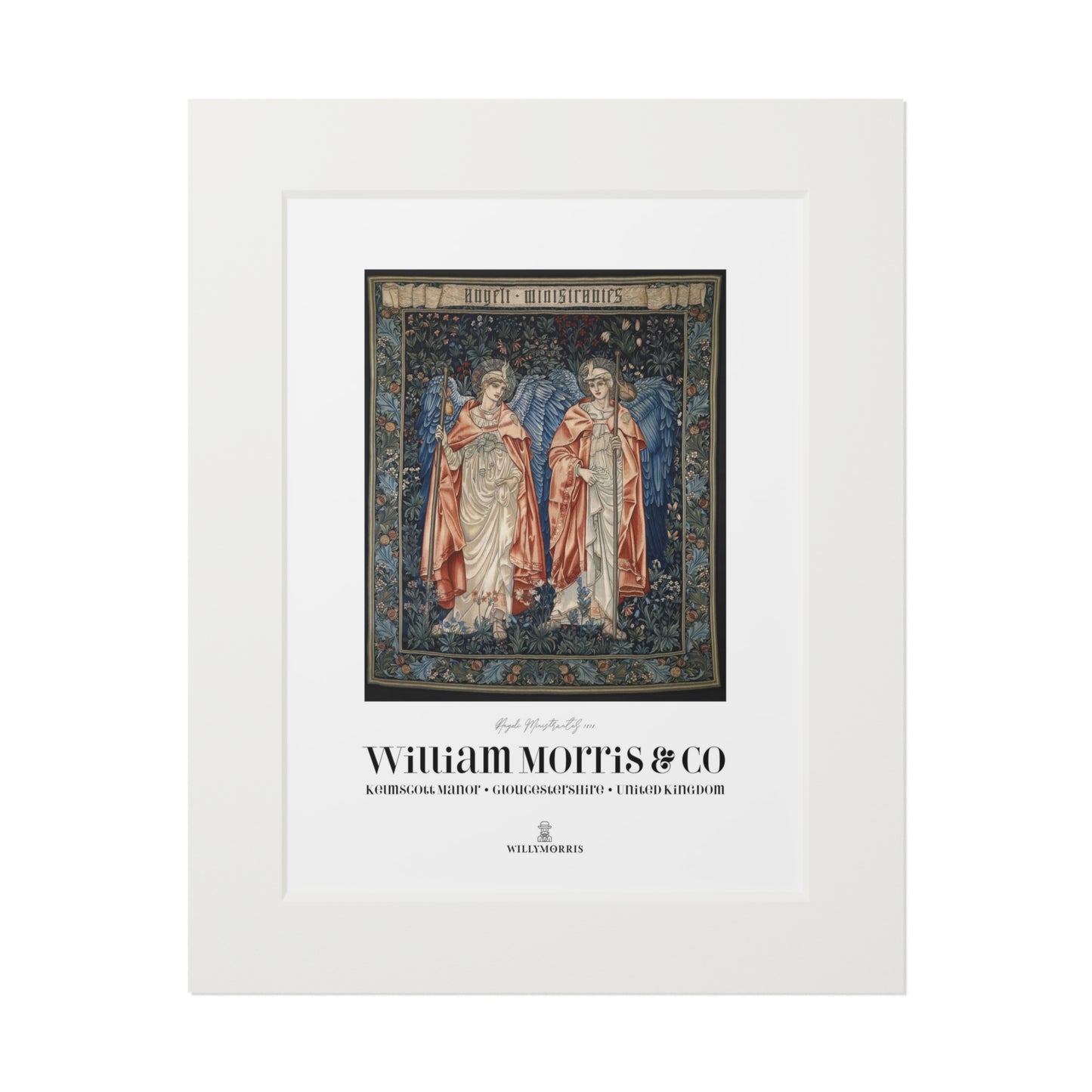 Framed tapestry with two angelic figures and 'William Morris & Co' branding.