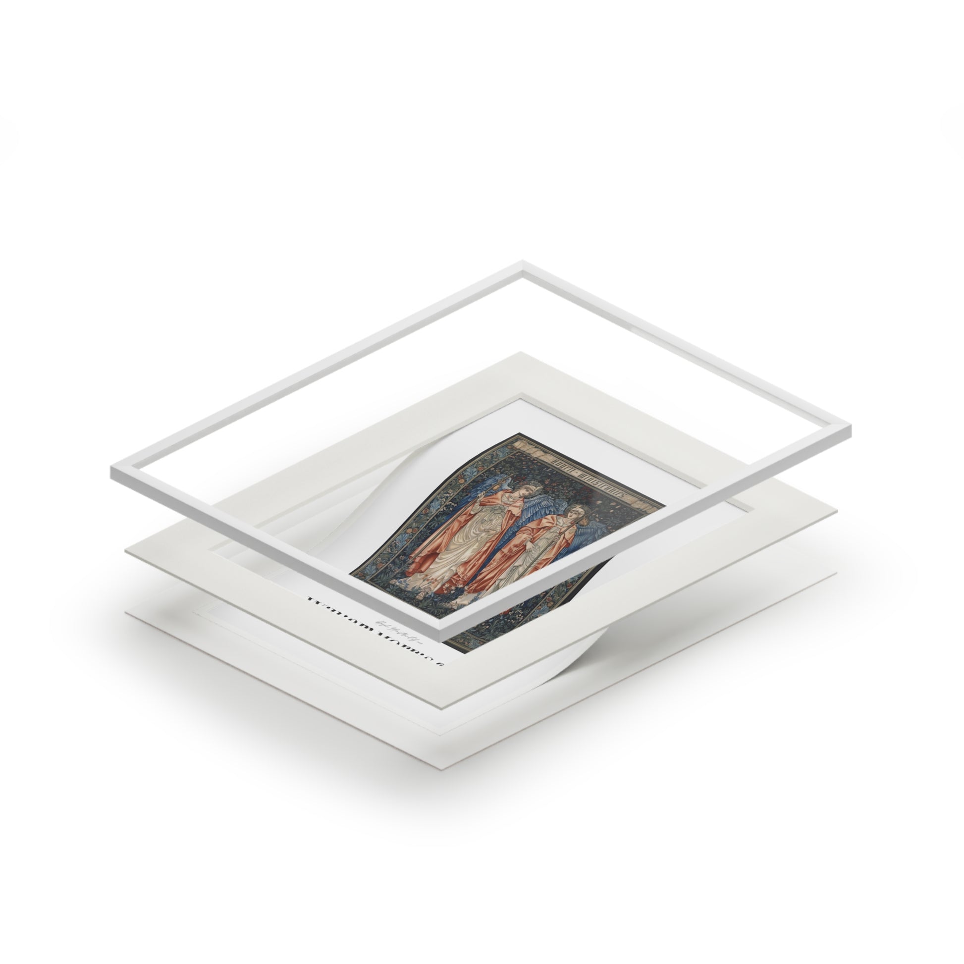 Stack of white photo frames with a green landscape print on a white background