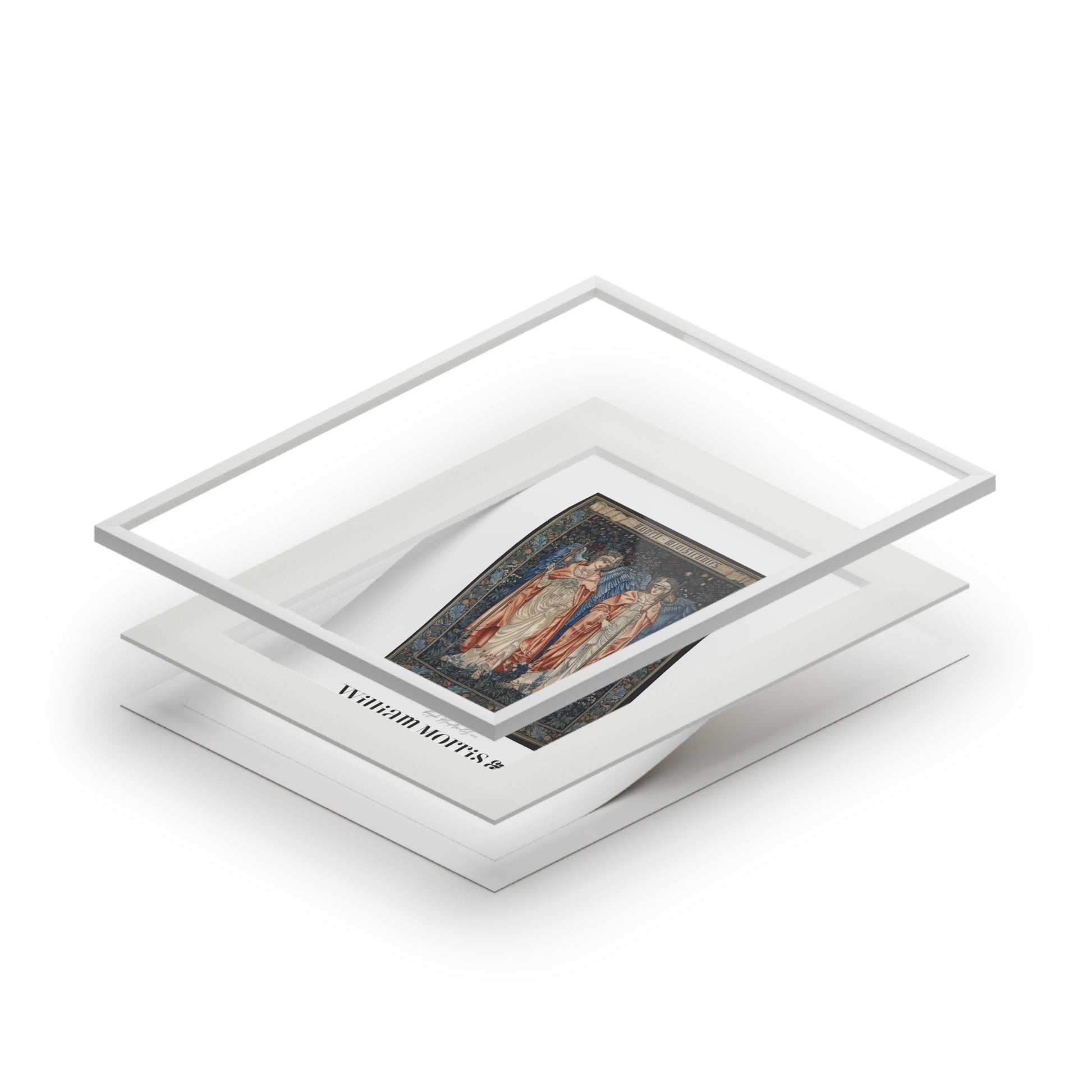 Glass display case with a vintage photograph inside on a white background