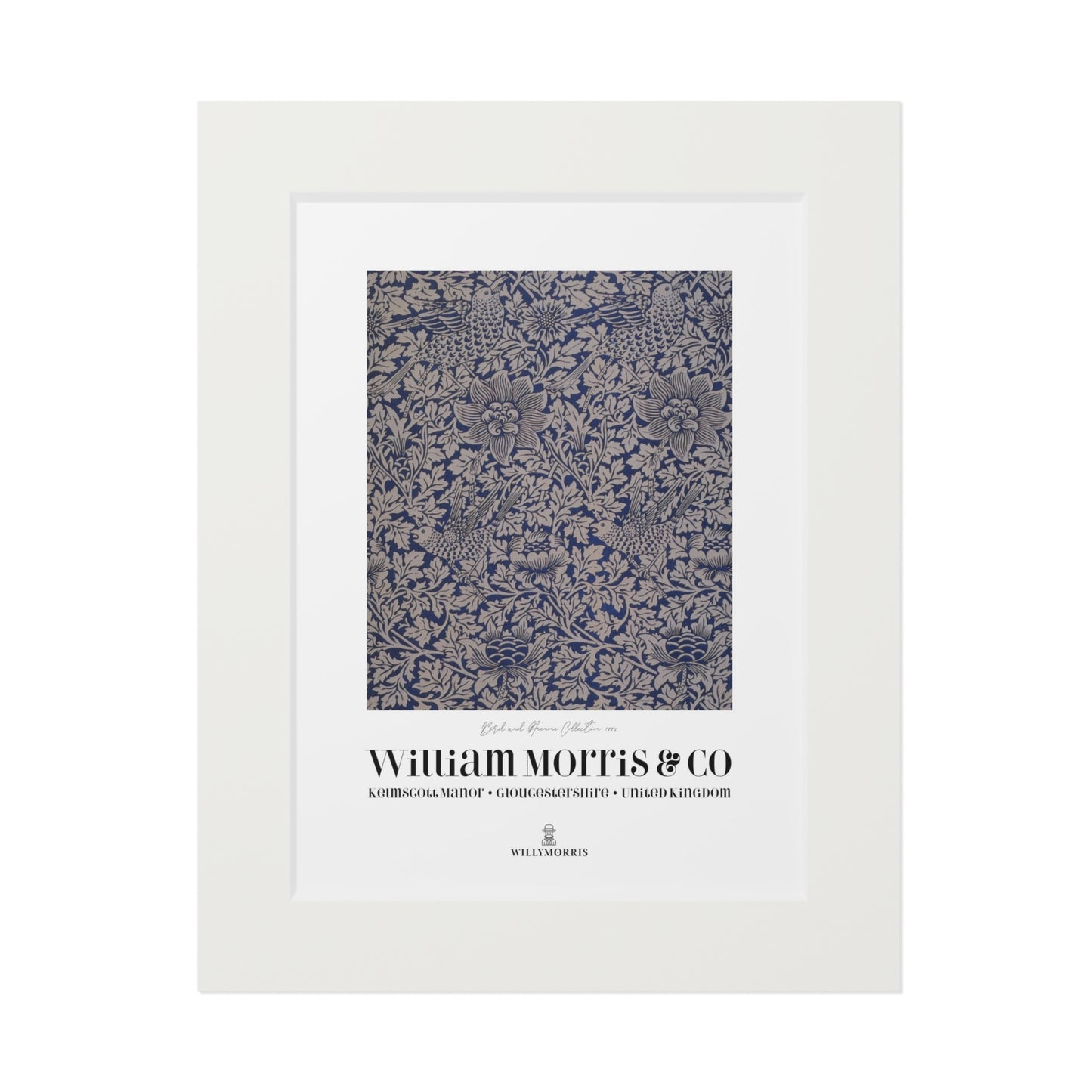 Framed textile sample with 'William Morris & Co' branding on a white background