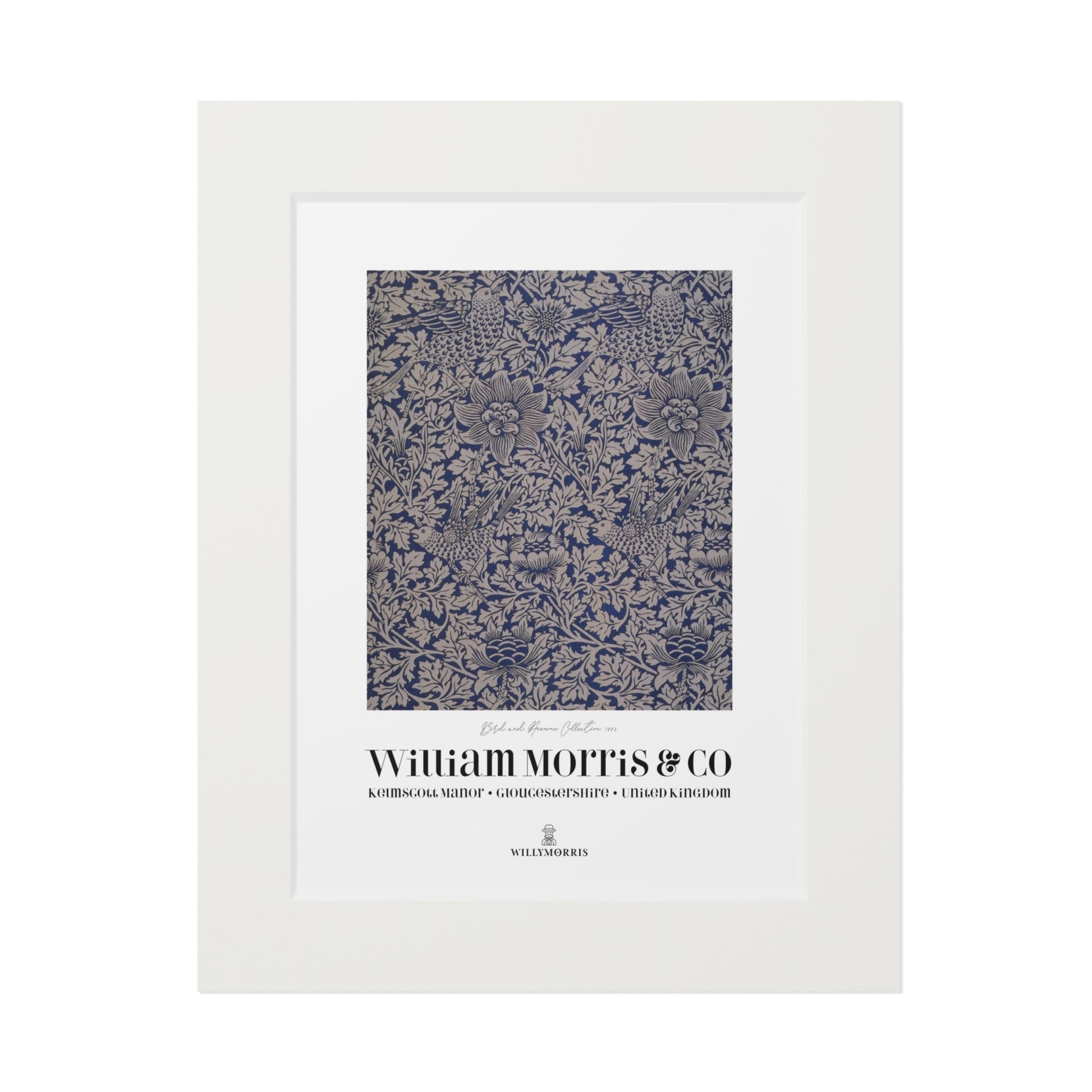 Framed textile sample with 'William Morris & Co' branding on a white background